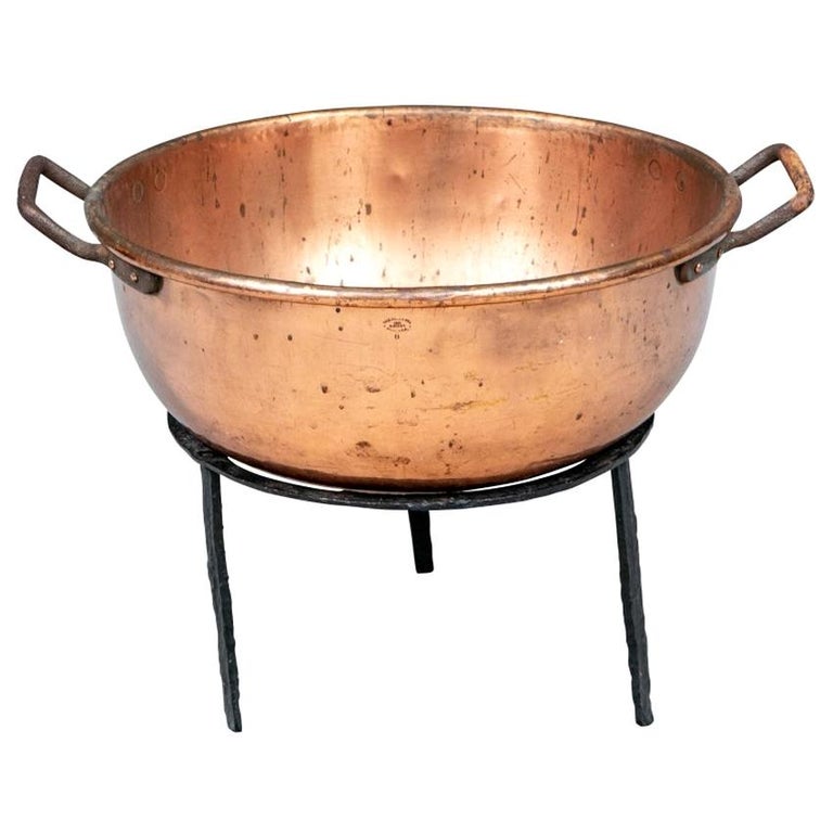 Large Copper Handled Cauldron on Wrought Iron Stand, Thos. Mill and Bro
