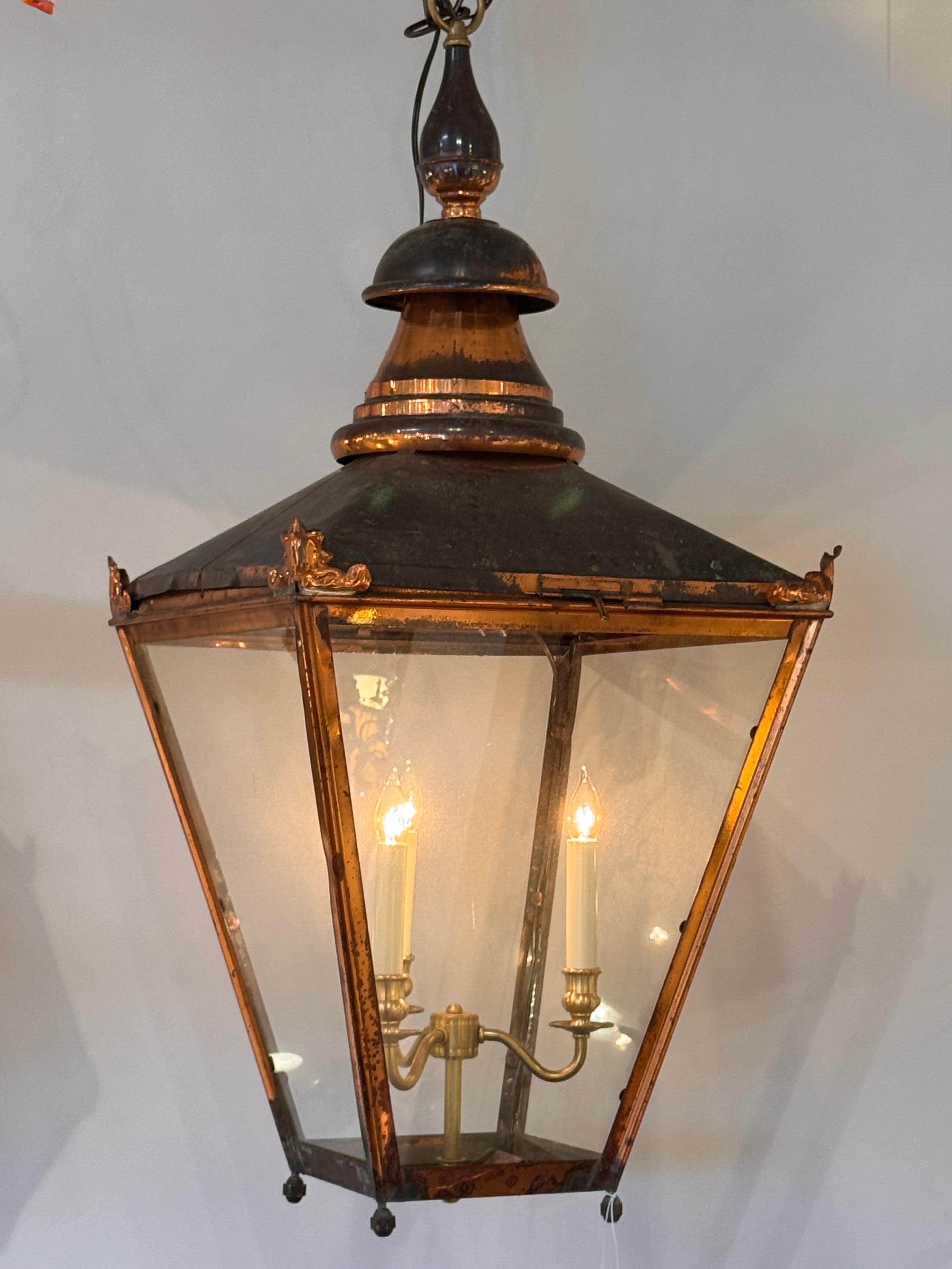 19th Century Large Copper Lantern With Aged Patina and Brass Interior For Sale