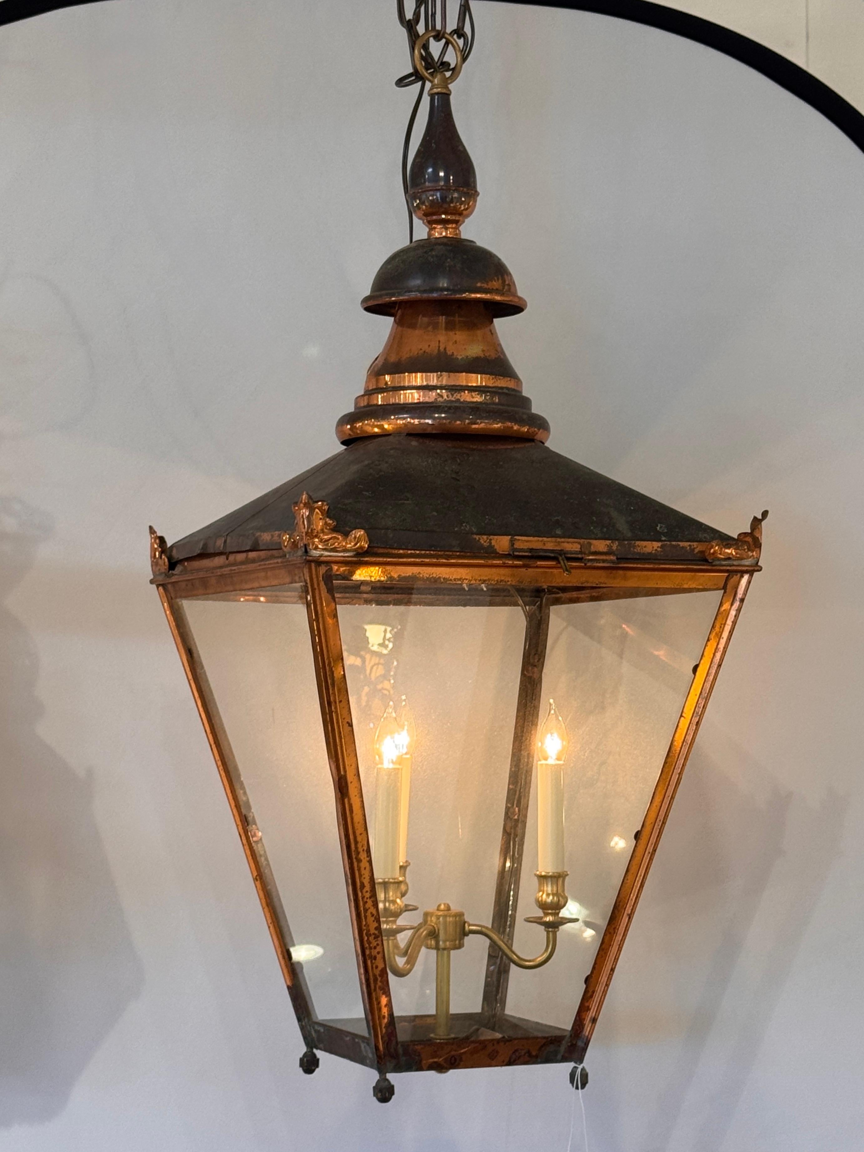 Large Copper Lantern With Aged Patina and Brass Interior For Sale 1