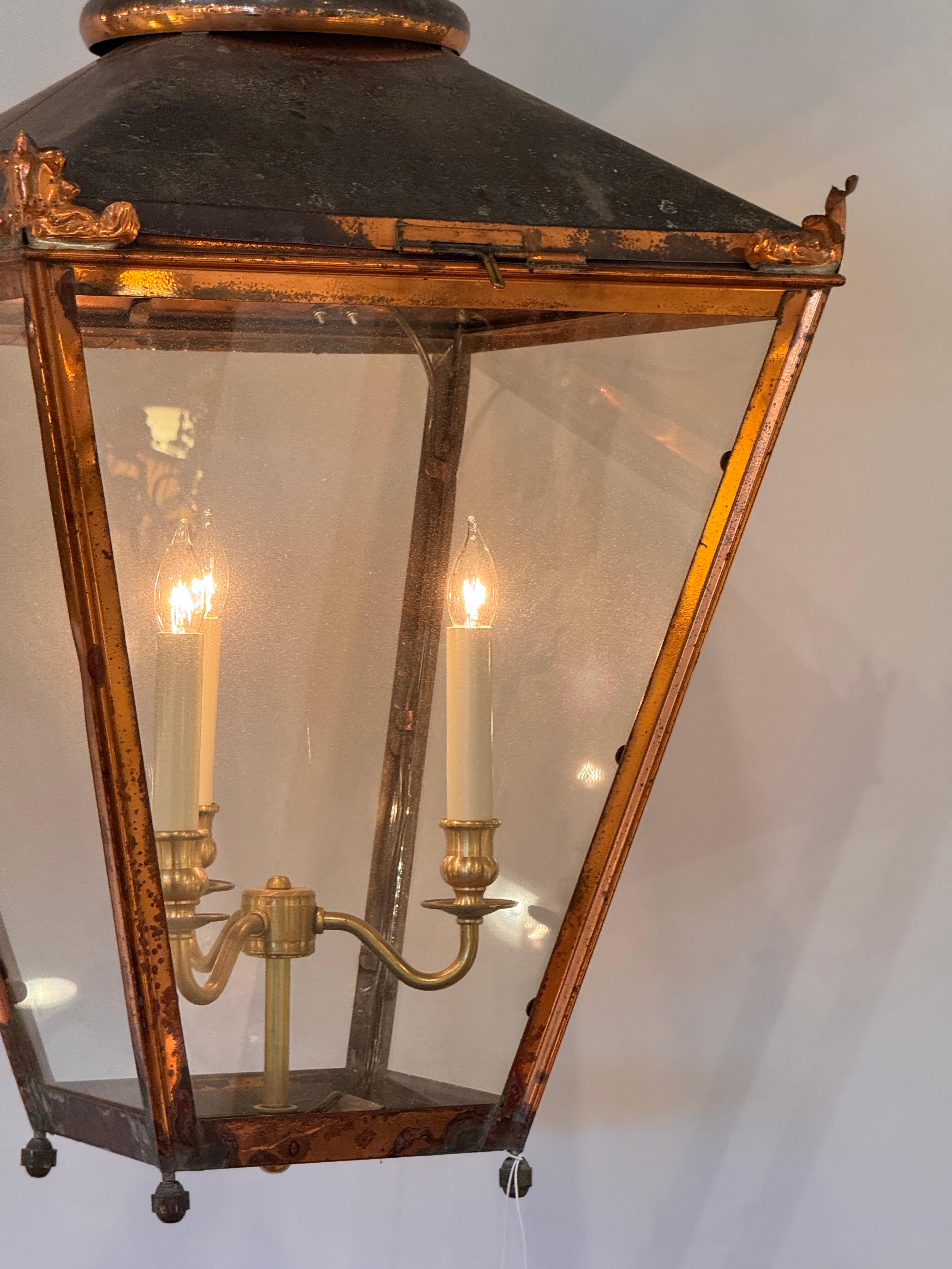Large Copper Lantern With Aged Patina and Brass Interior For Sale 2