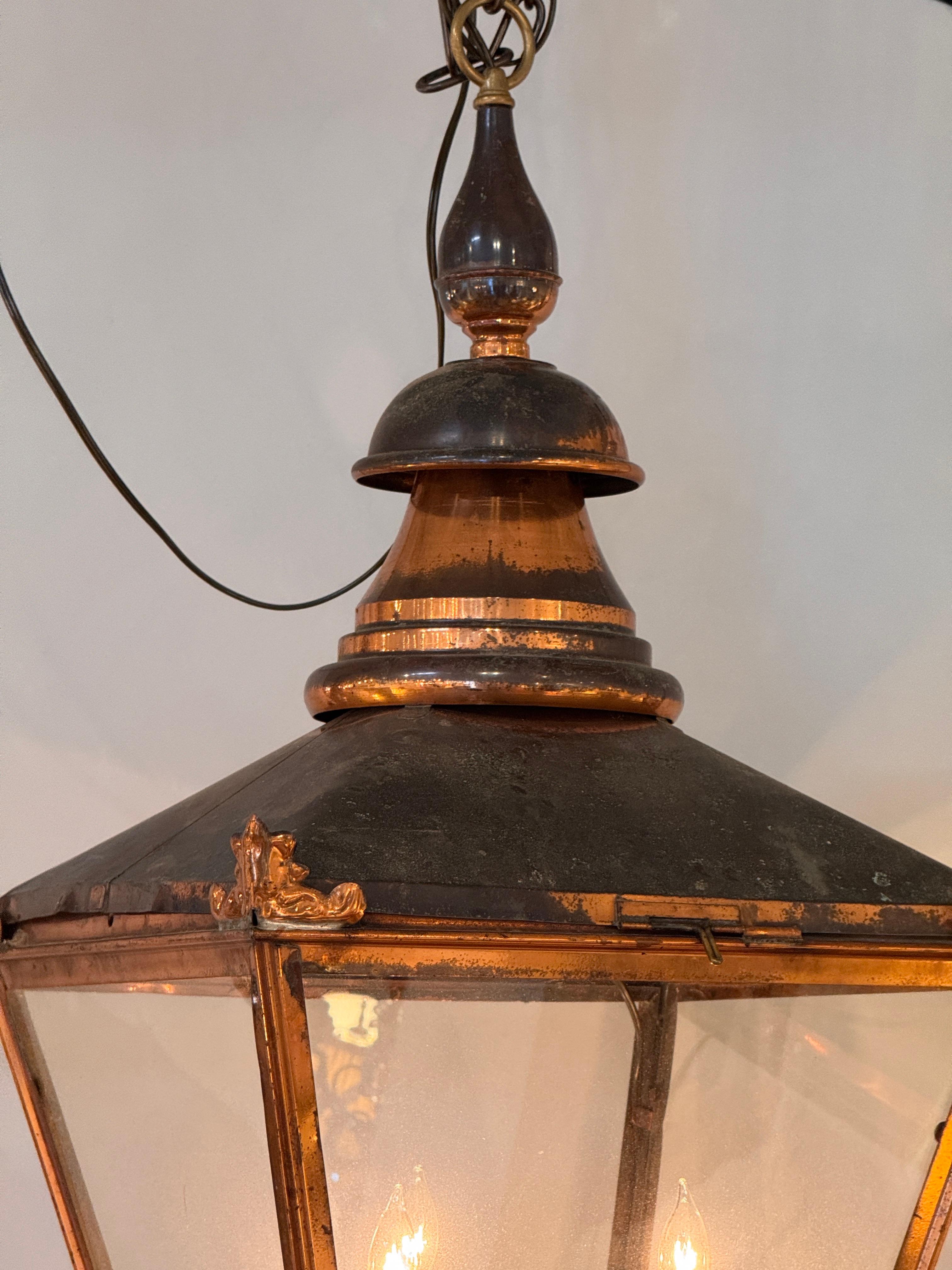 Large Copper Lantern With Aged Patina and Brass Interior For Sale 3