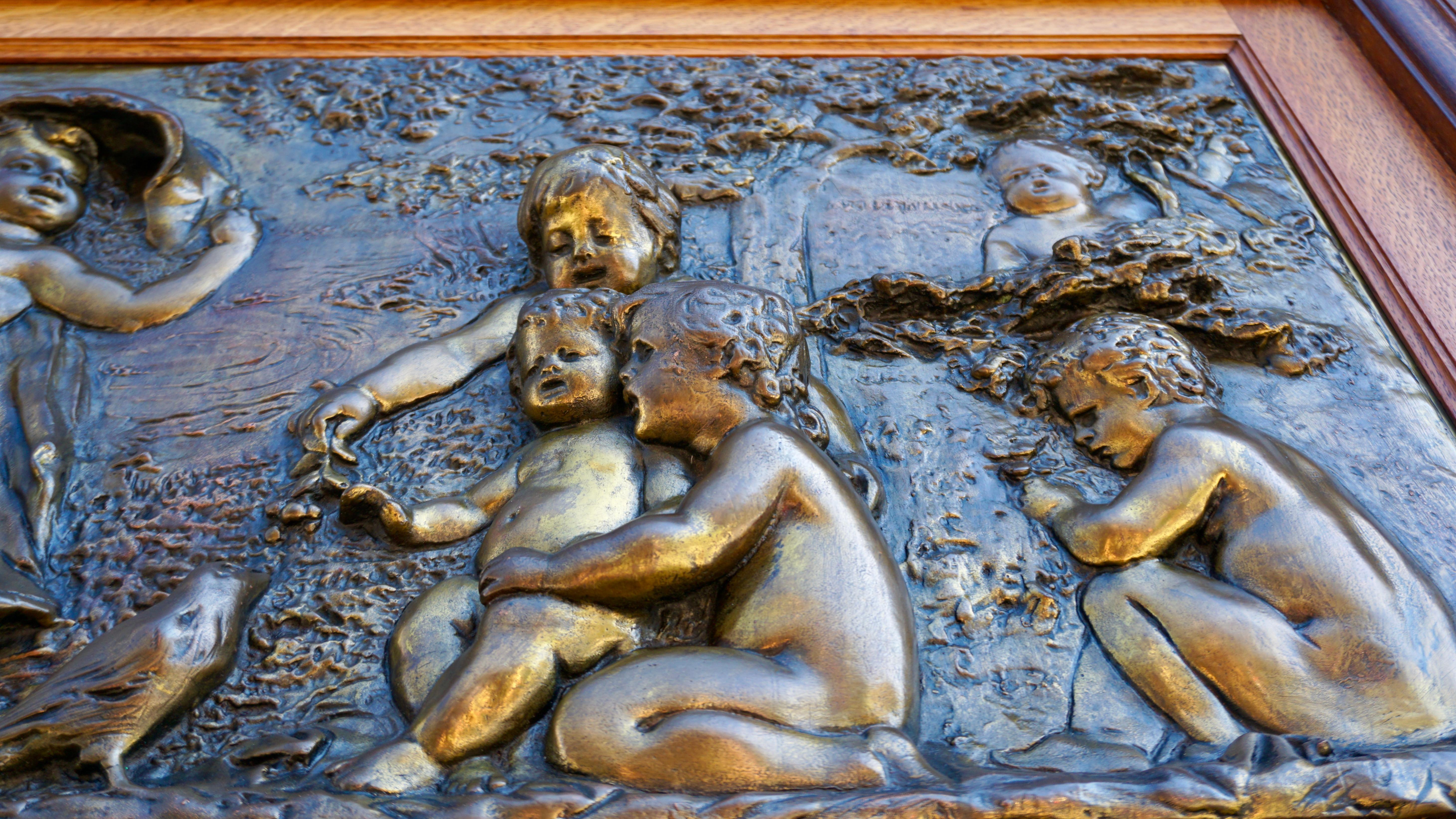 Large Copper Panel with Putti Dog and Bird For Sale 2
