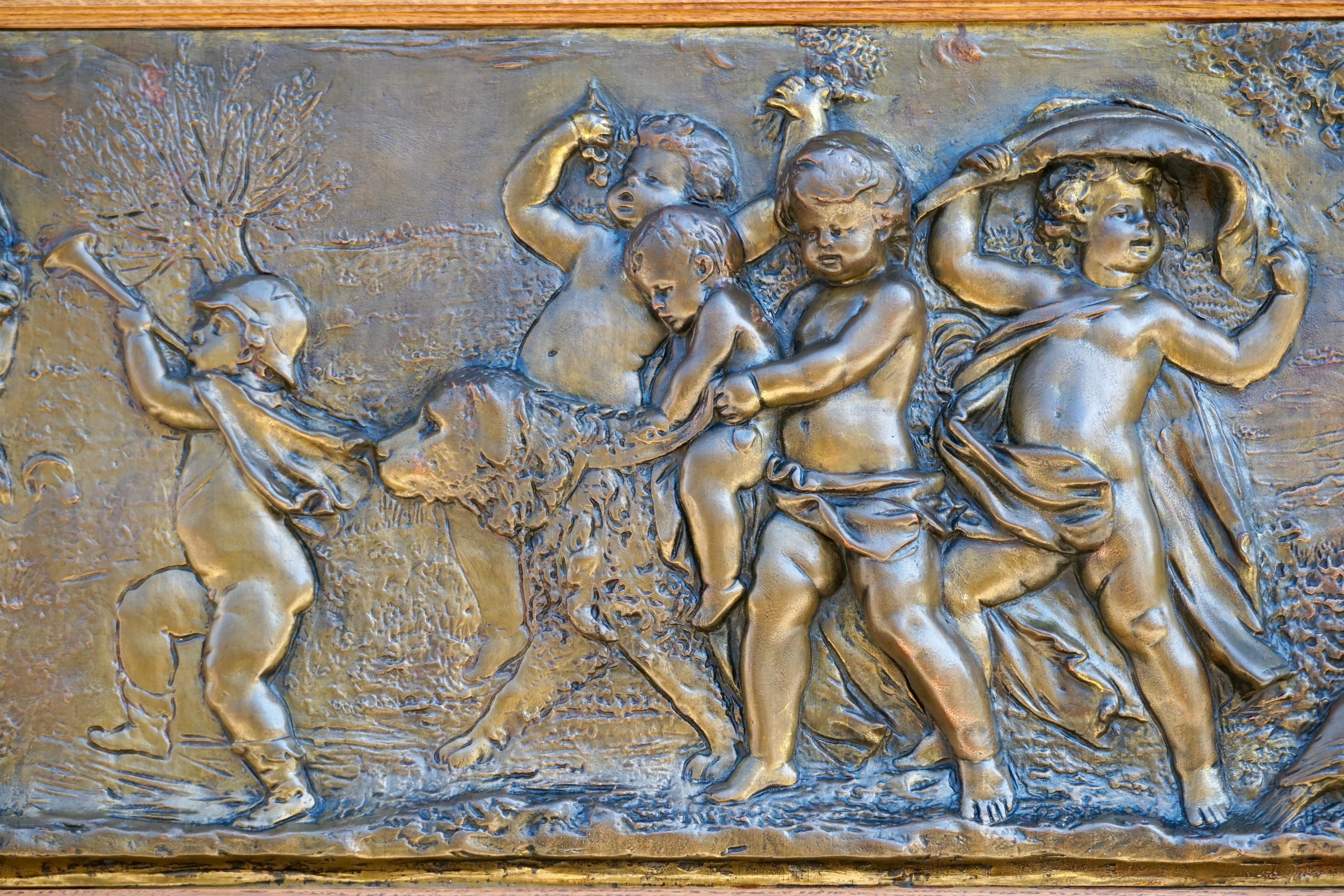 Large Copper Panel with Putti Dog and Bird For Sale 7