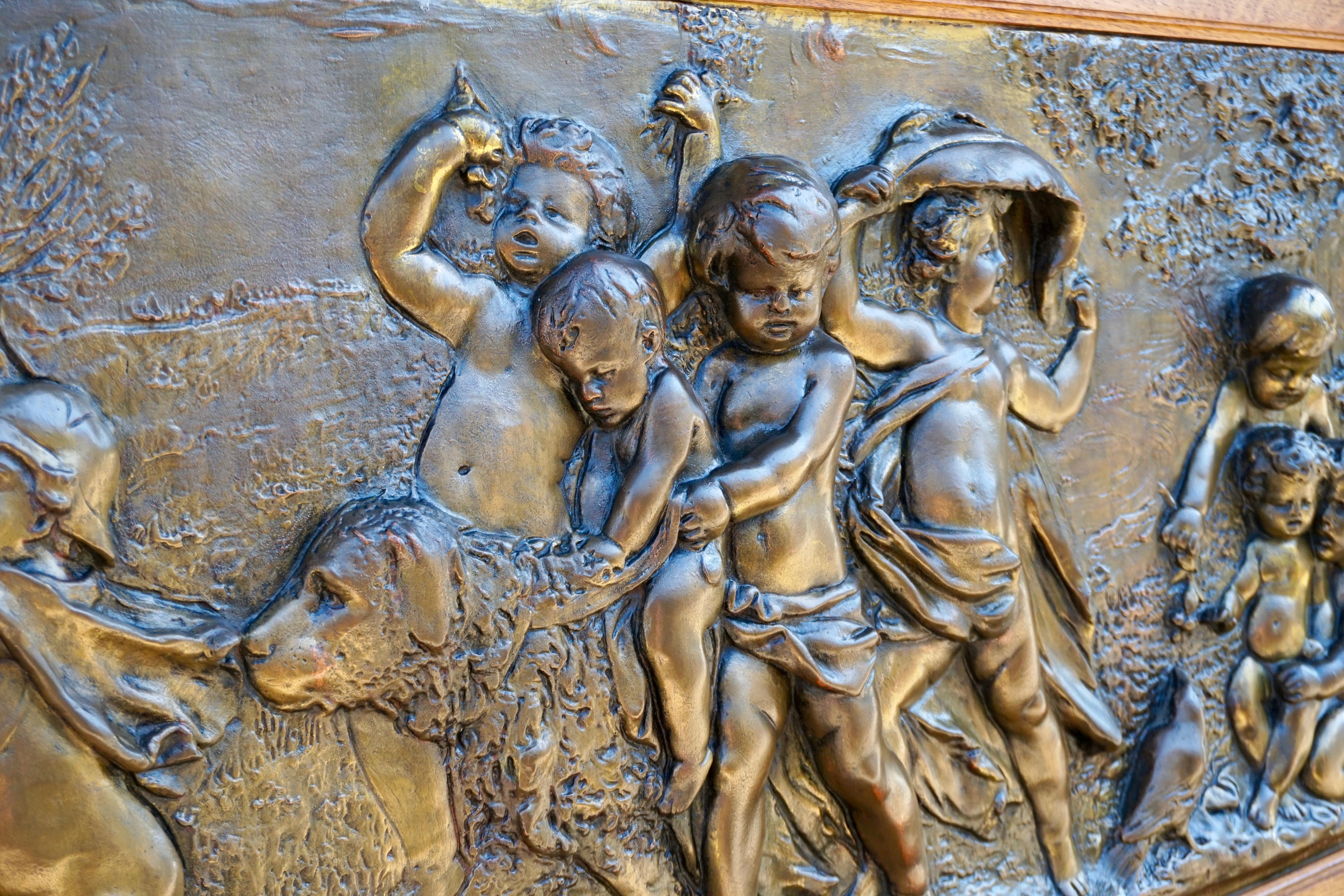 French Large Copper Panel with Putti Dog and Bird For Sale