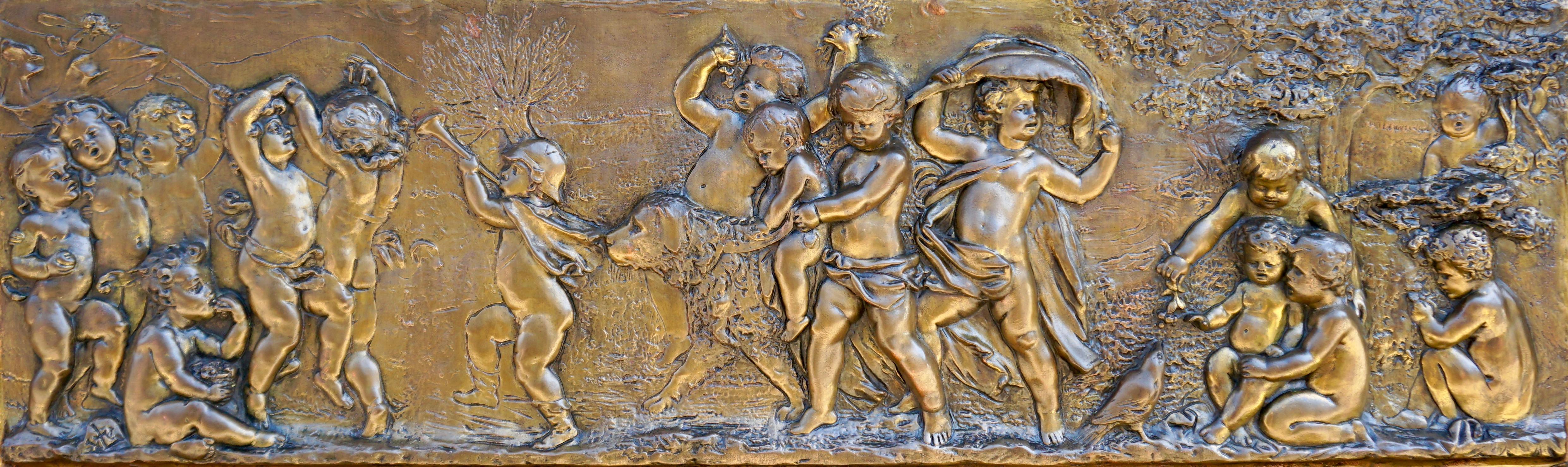 20th Century Large Copper Panel with Putti Dog and Bird For Sale