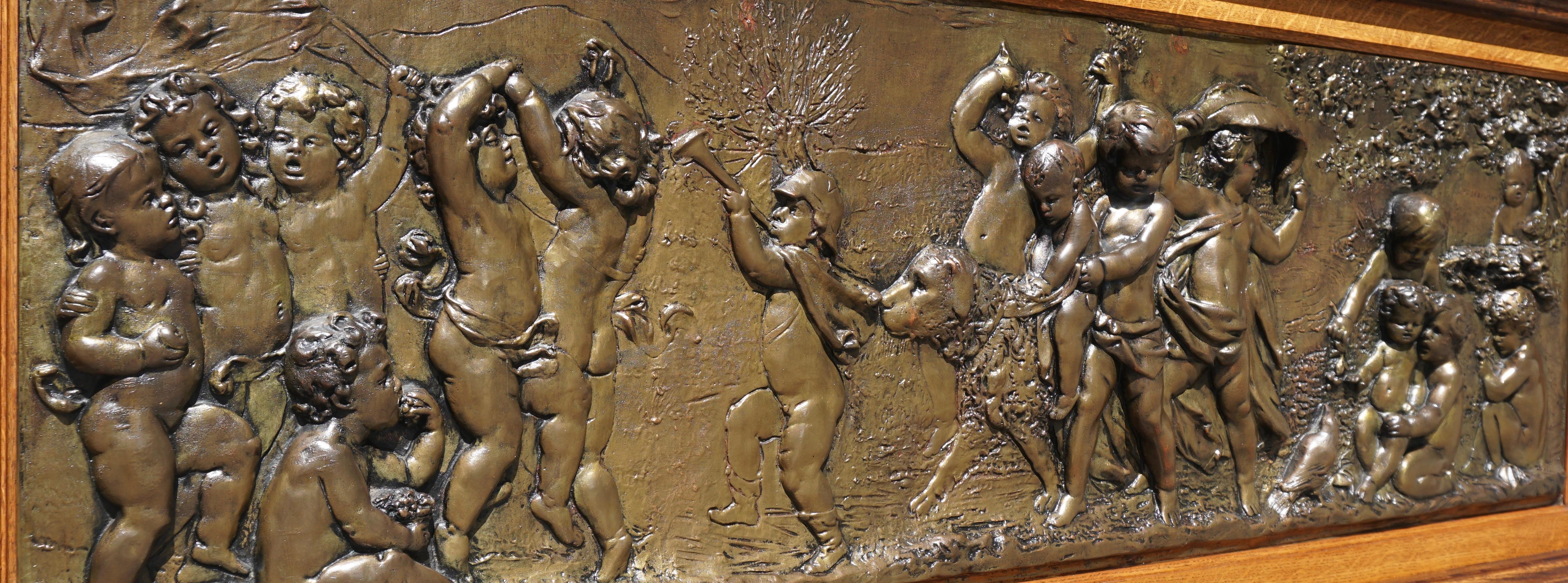 20th Century Large Copper Panel with Putti Dog and Bird For Sale
