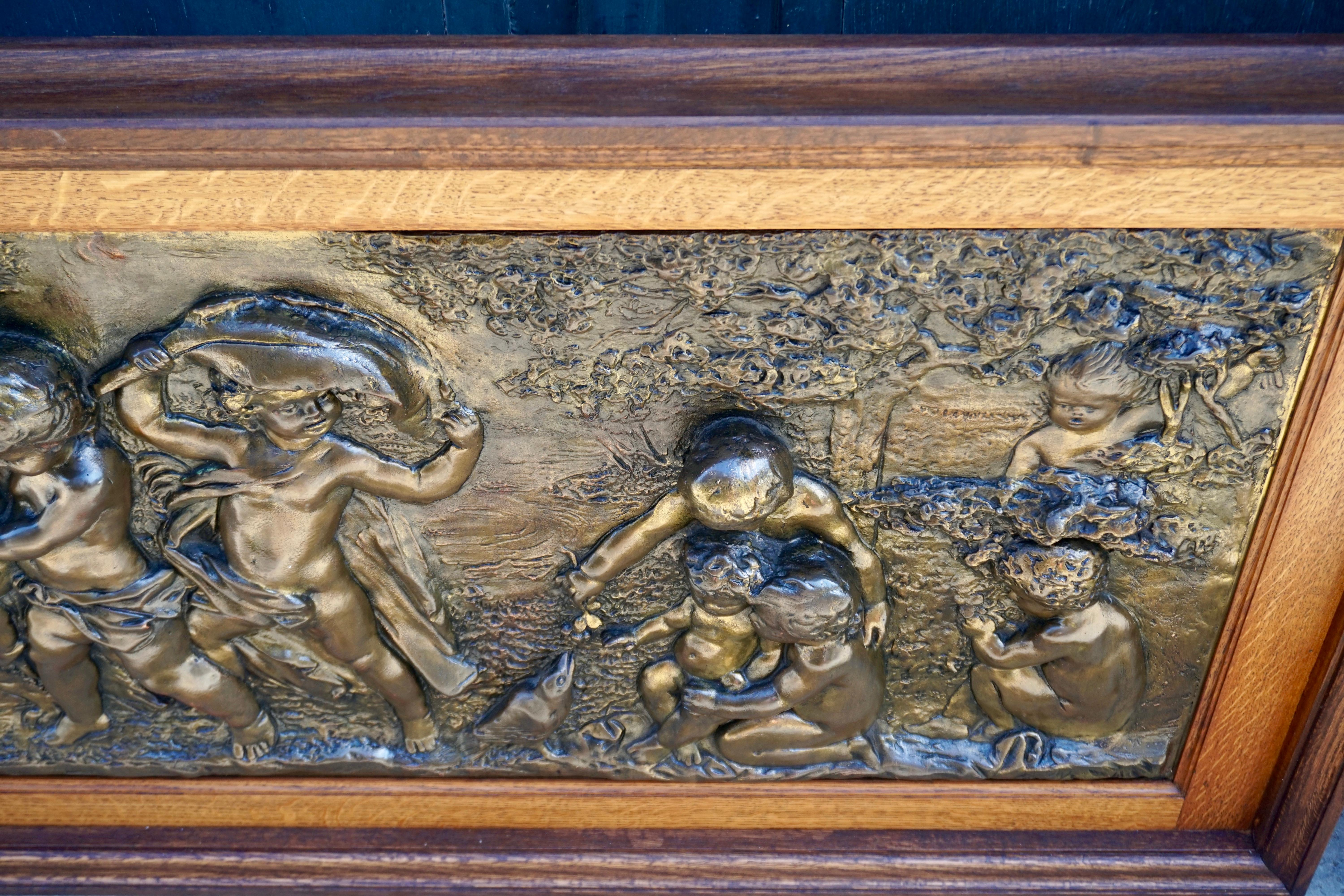 Large Copper Panel with Putti Dog and Bird For Sale 2