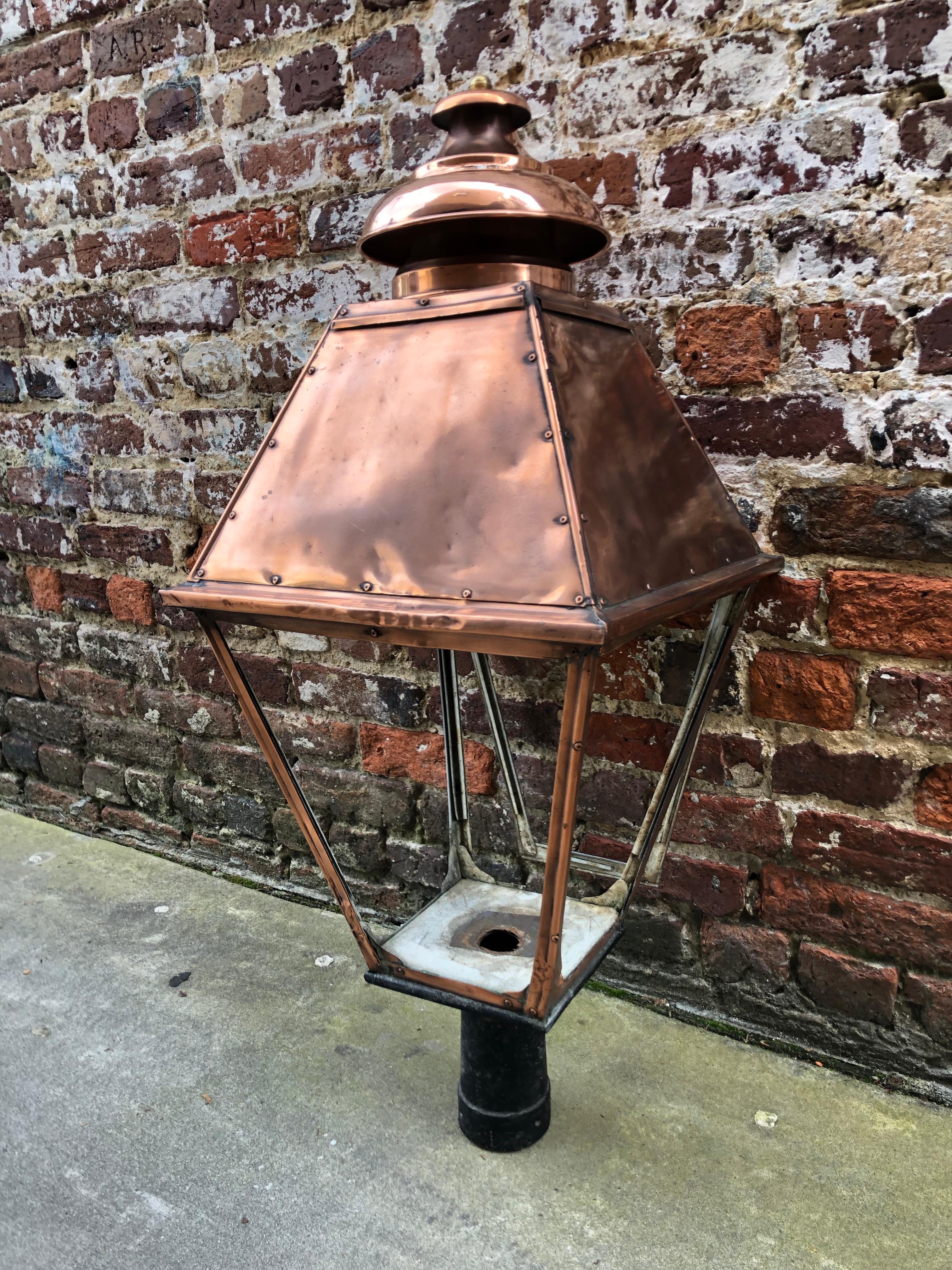 Large Copper Post Lantern Which Can Be Modified to Hang In Good Condition In Charleston, SC