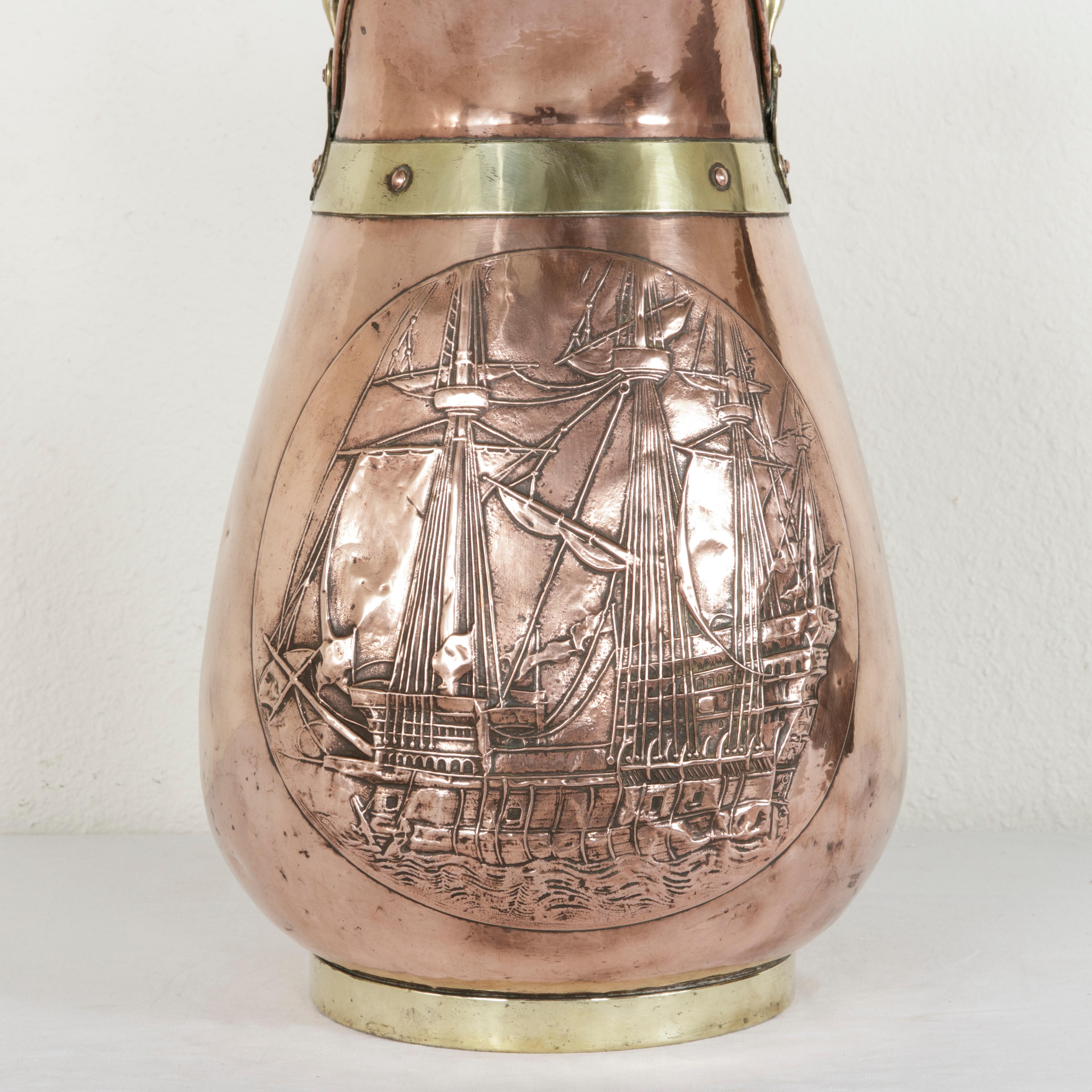 20th Century Large Copper Repousse Pitcher or Umbrella Stand with Nautical Galleon Motif