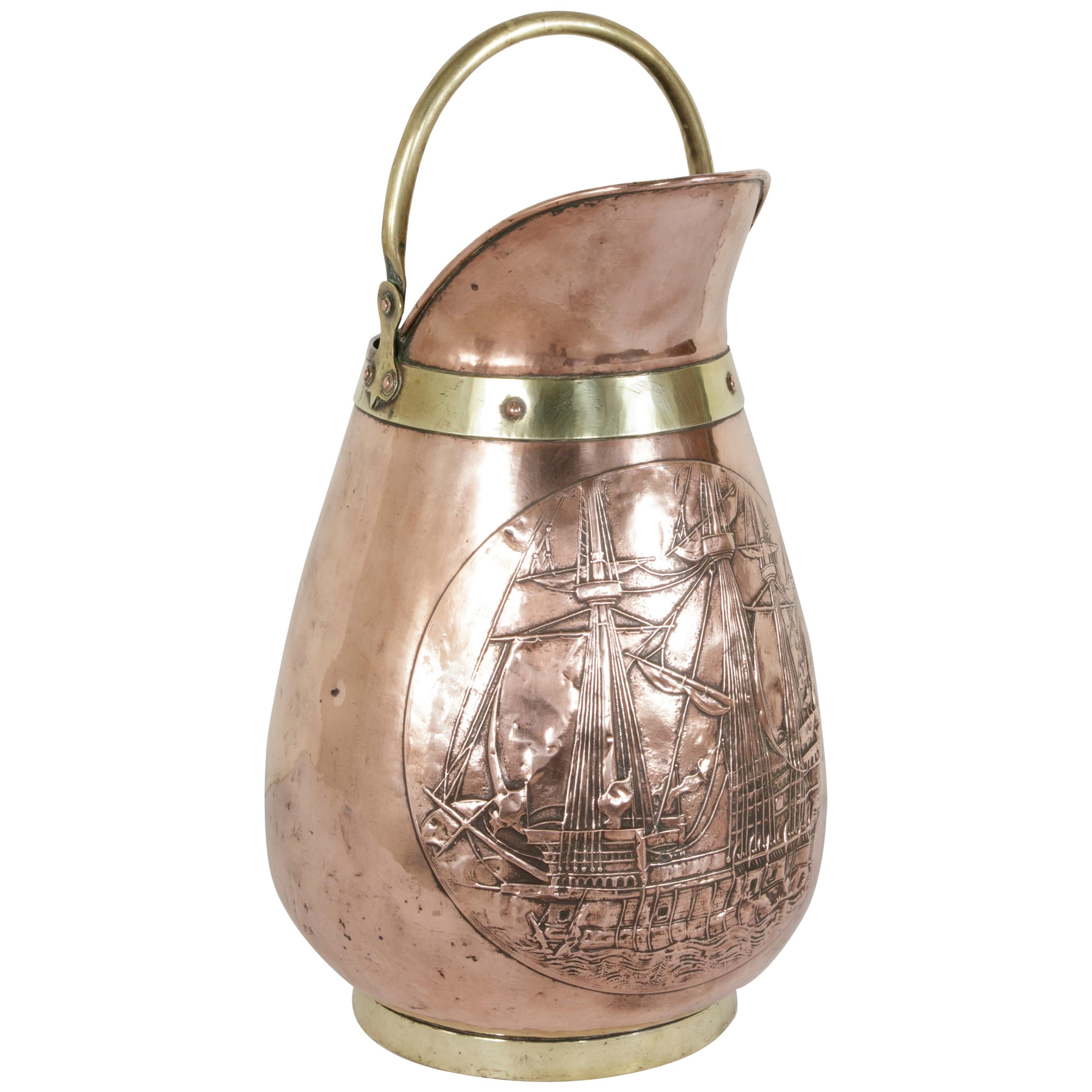 Large Copper Repousse Pitcher or Umbrella Stand with Nautical Galleon Motif
