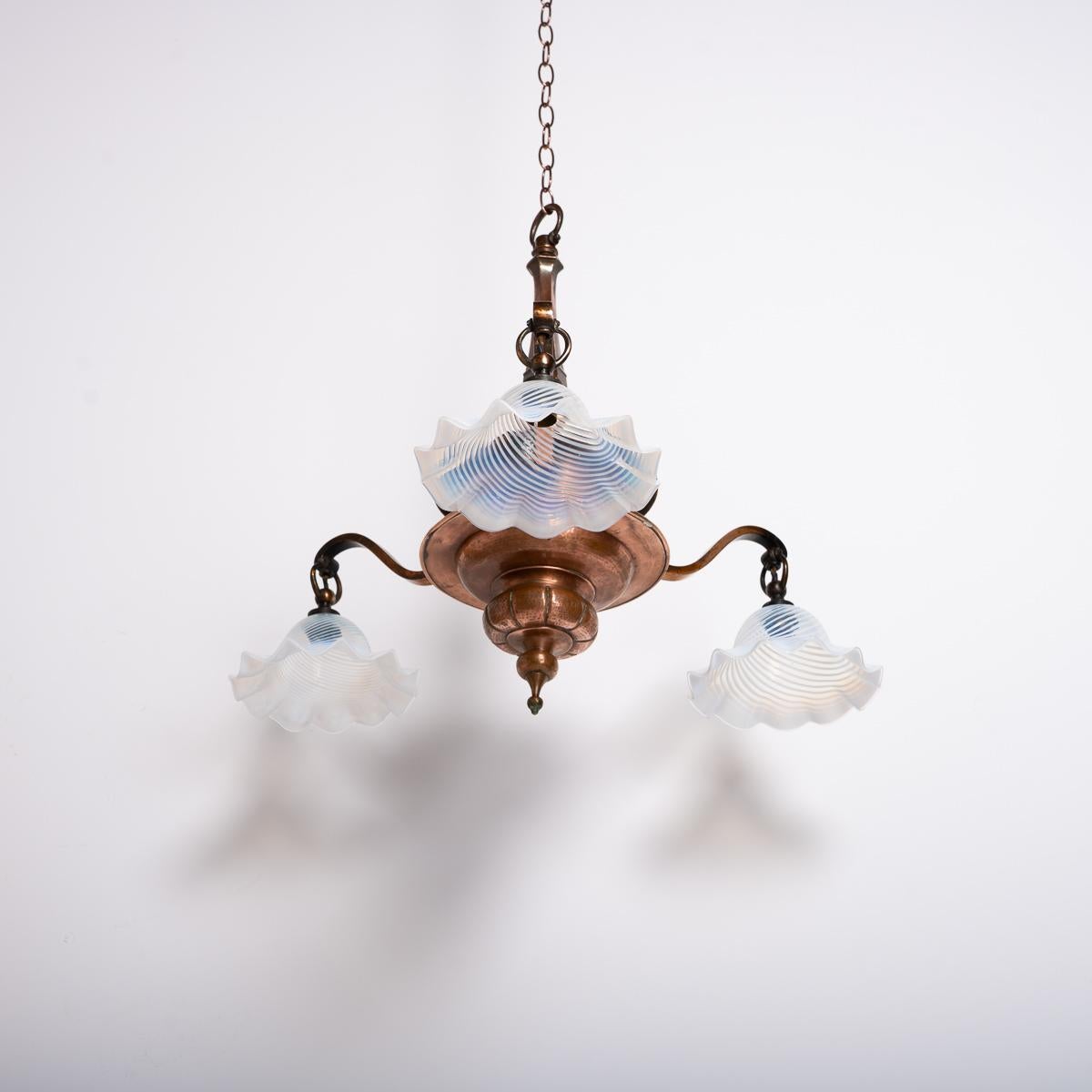 Large Copper Three Branch Chandelier With Jelly Opalescent Glass Shades By Gec For Sale 7