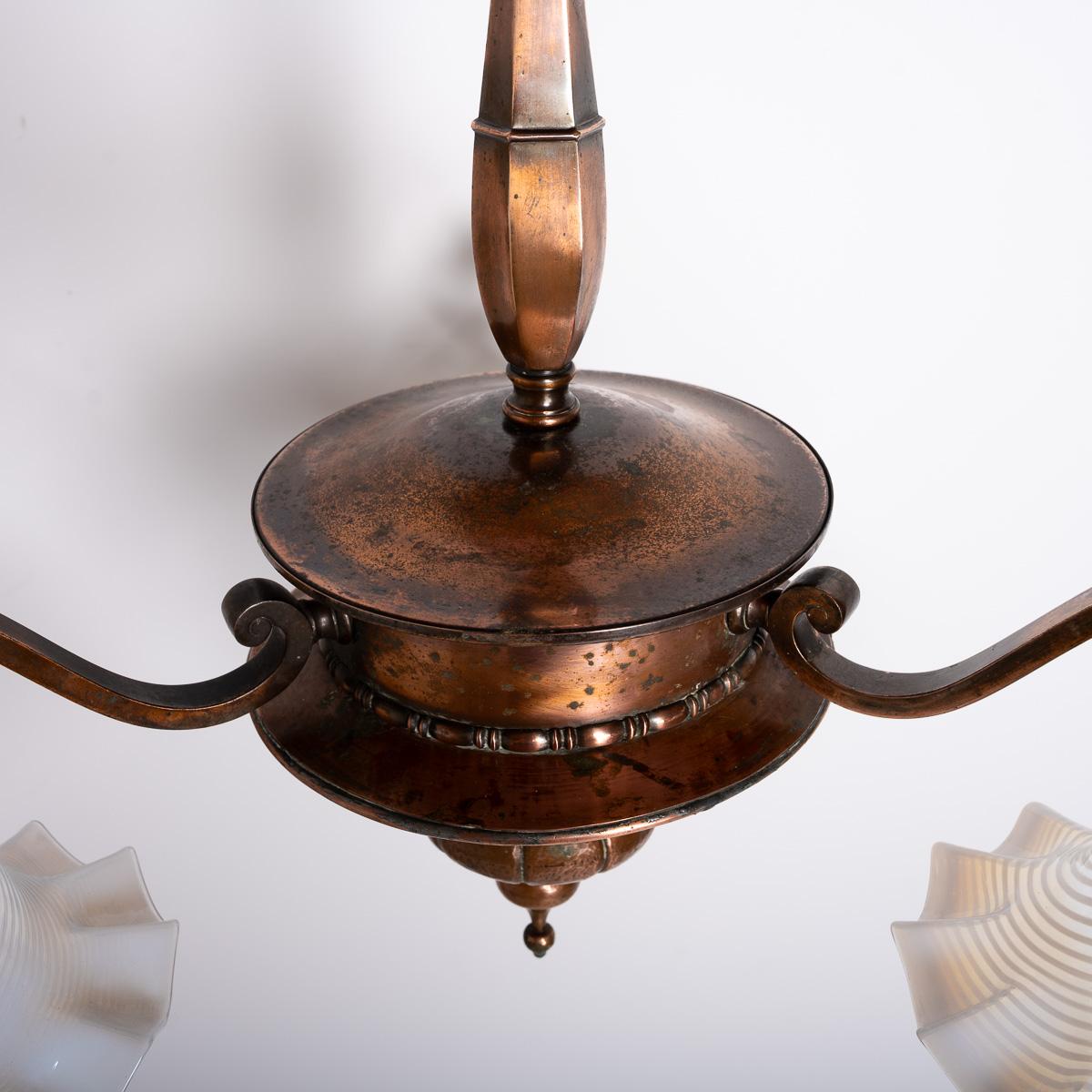 Art Nouveau Large Copper Three Branch Chandelier With Jelly Opalescent Glass Shades By Gec For Sale