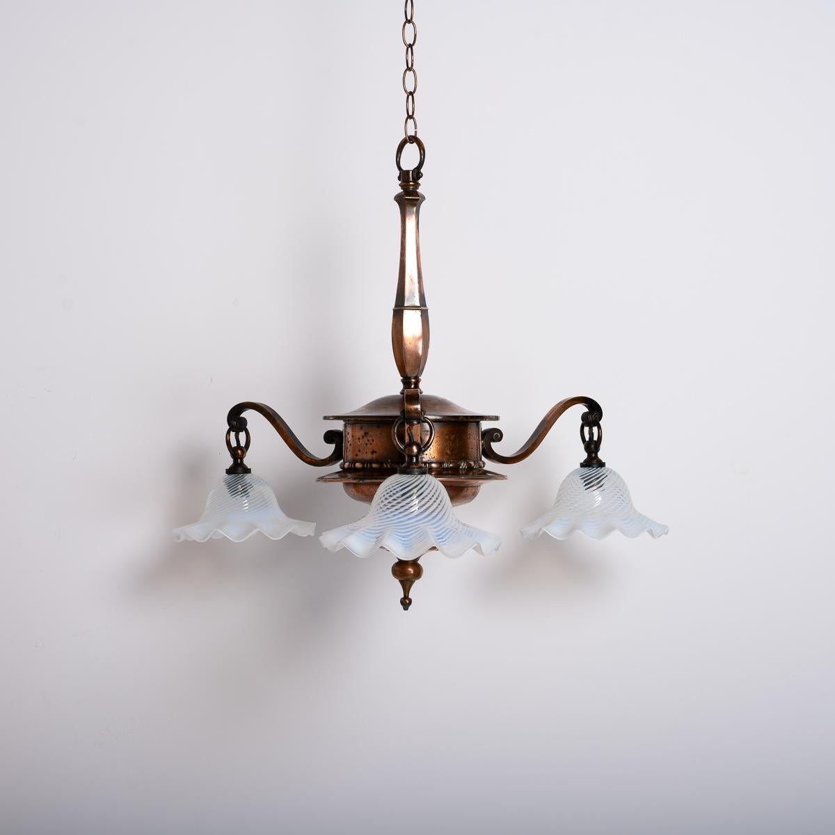 Cast Large Copper Three Branch Chandelier With Jelly Opalescent Glass Shades By Gec For Sale