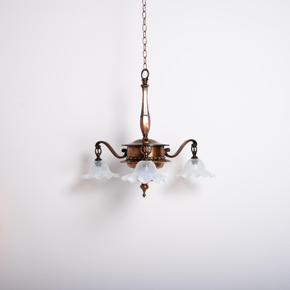 Large Copper Three Branch Chandelier With Jelly Opalescent Glass Shades By Gec In Good Condition For Sale In Nottingham, GB