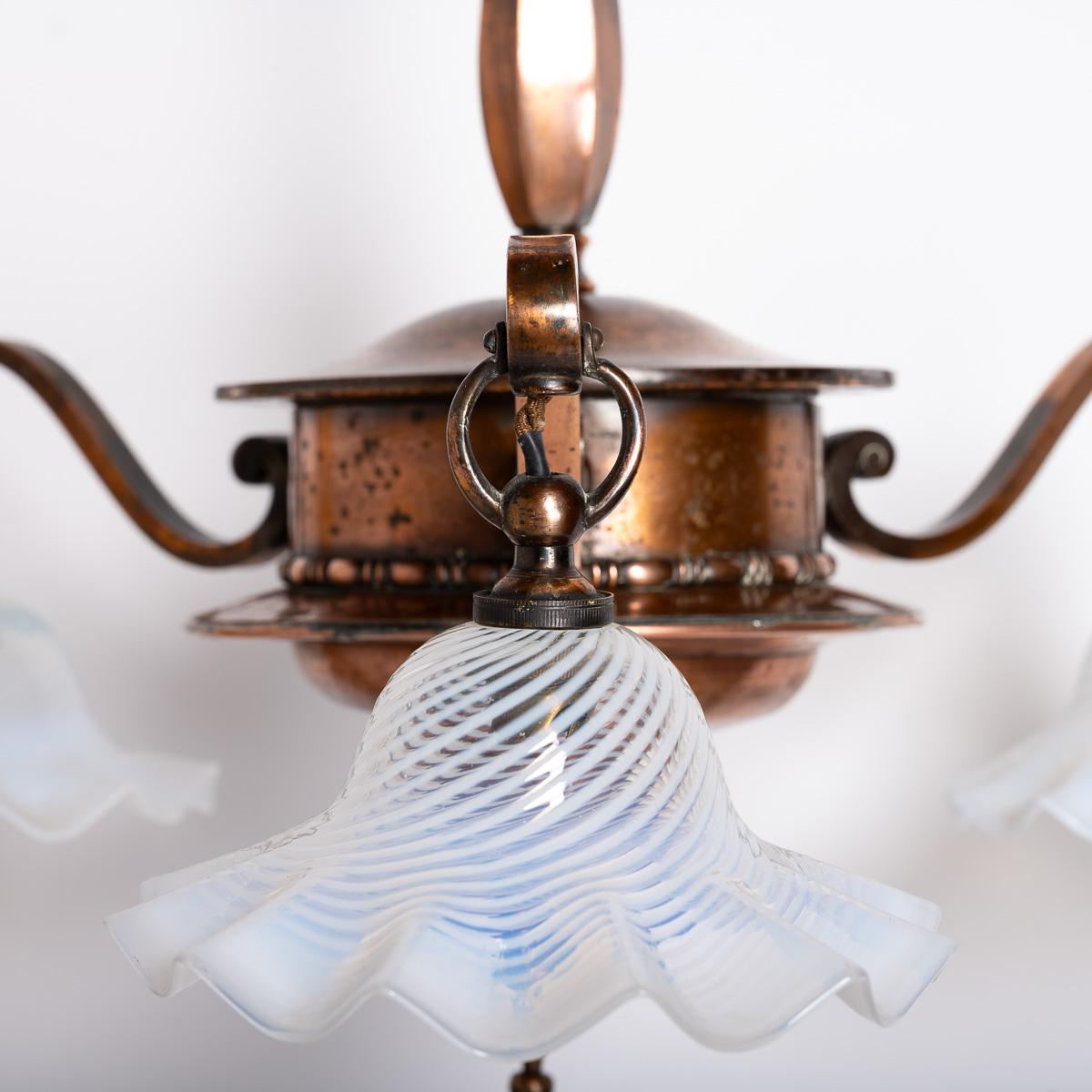 20th Century Large Copper Three Branch Chandelier With Jelly Opalescent Glass Shades By Gec For Sale