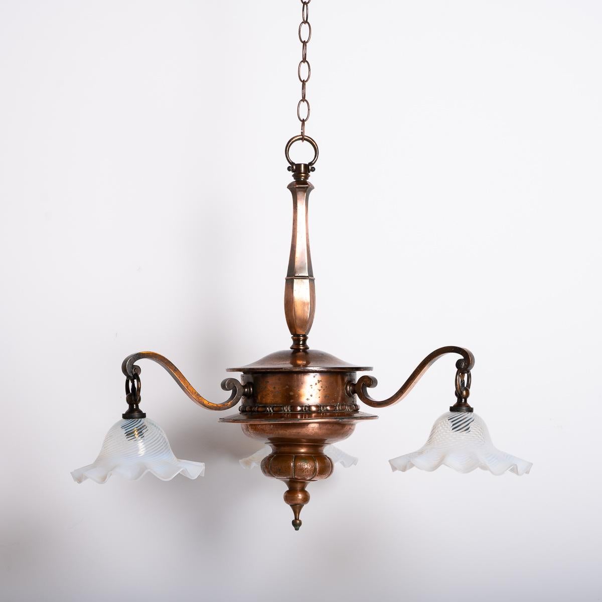 Brass Large Copper Three Branch Chandelier With Jelly Opalescent Glass Shades By Gec For Sale