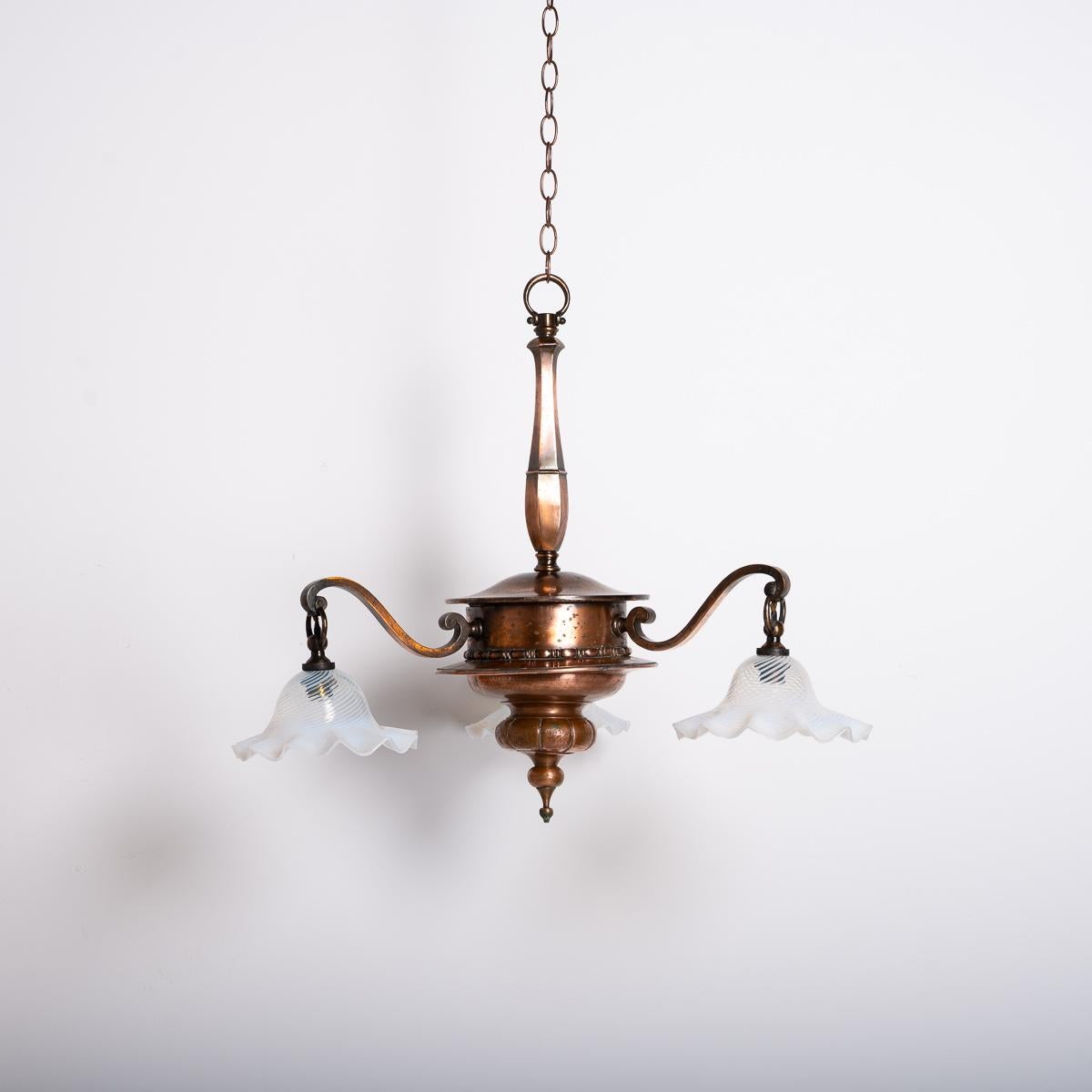 Large Copper Three Branch Chandelier With Jelly Opalescent Glass Shades By Gec For Sale 1