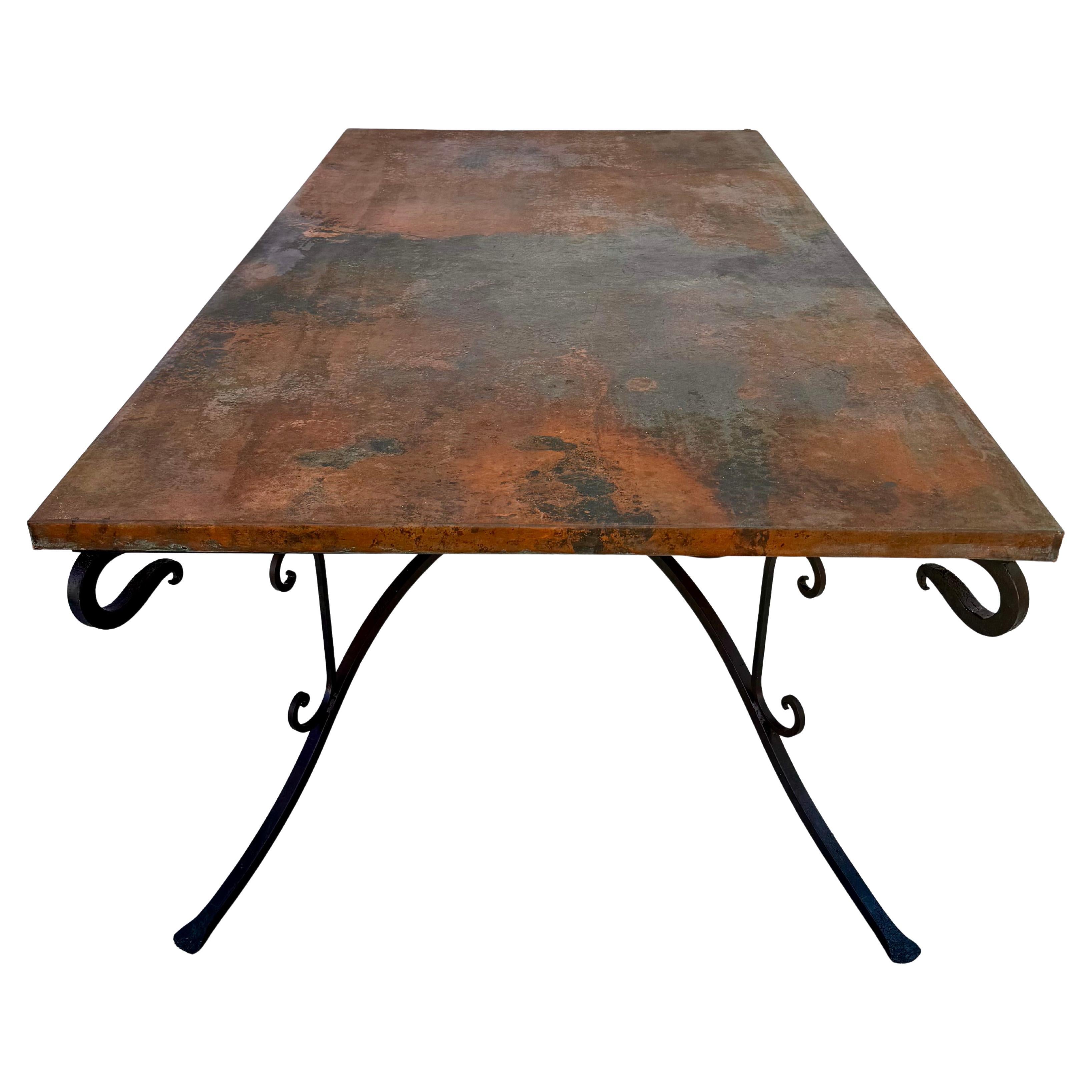 Large Copper Top Dining Table on Hand Forged Iron Base In Good Condition In Bradenton, FL