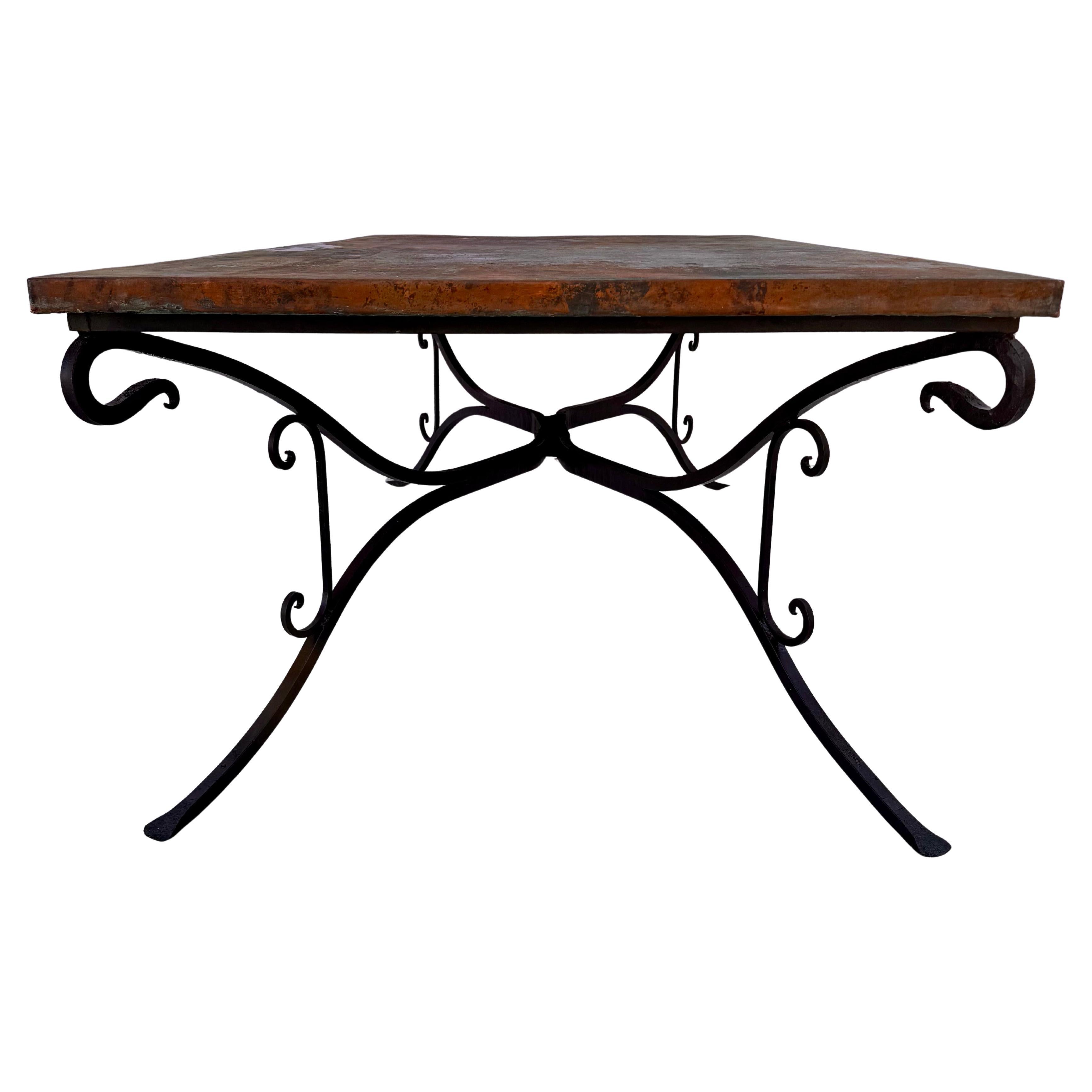 20th Century Large Copper Top Dining Table on Hand Forged Iron Base