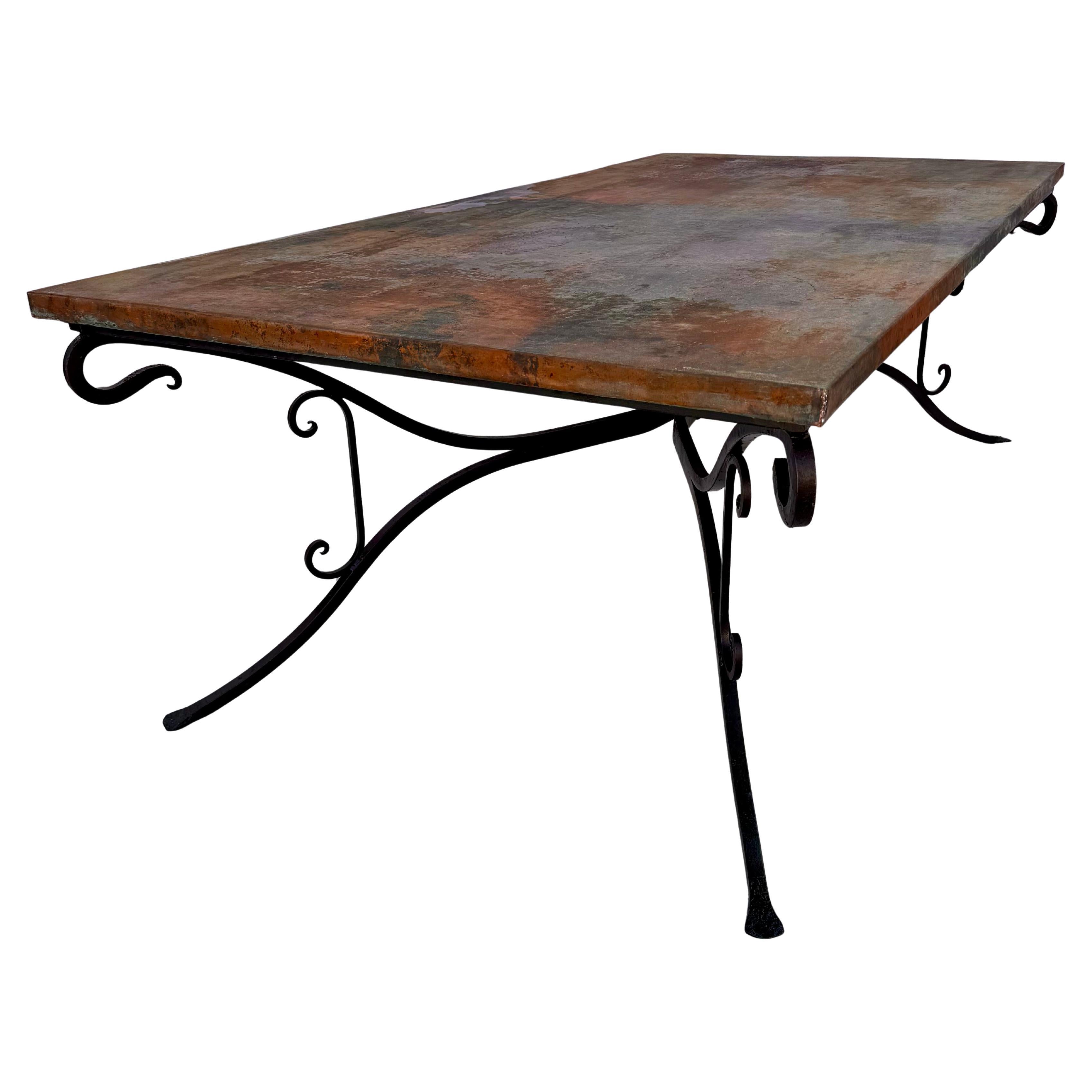 Large Copper Top Dining Table on Hand Forged Iron Base 1