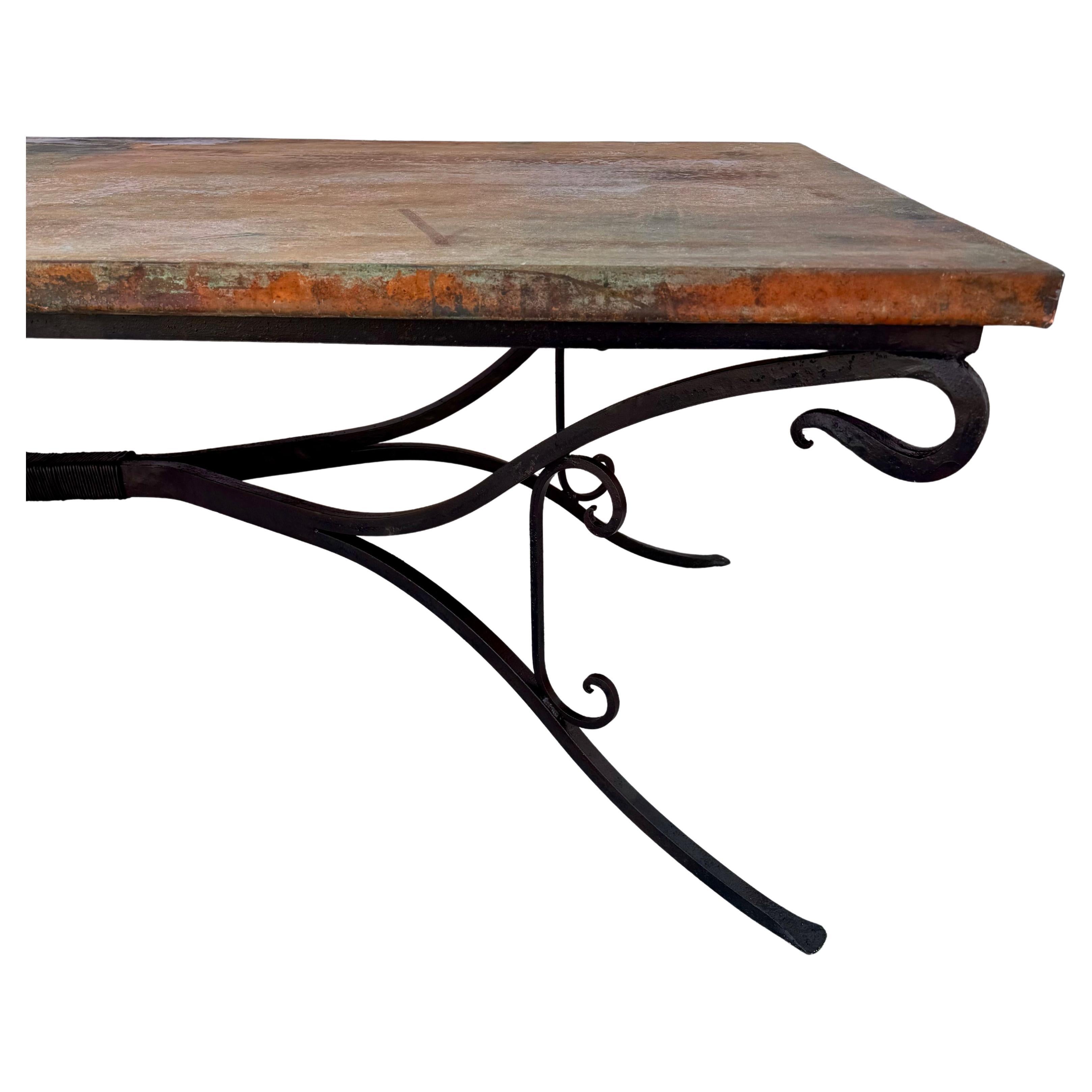 Large Copper Top Dining Table on Hand Forged Iron Base 2