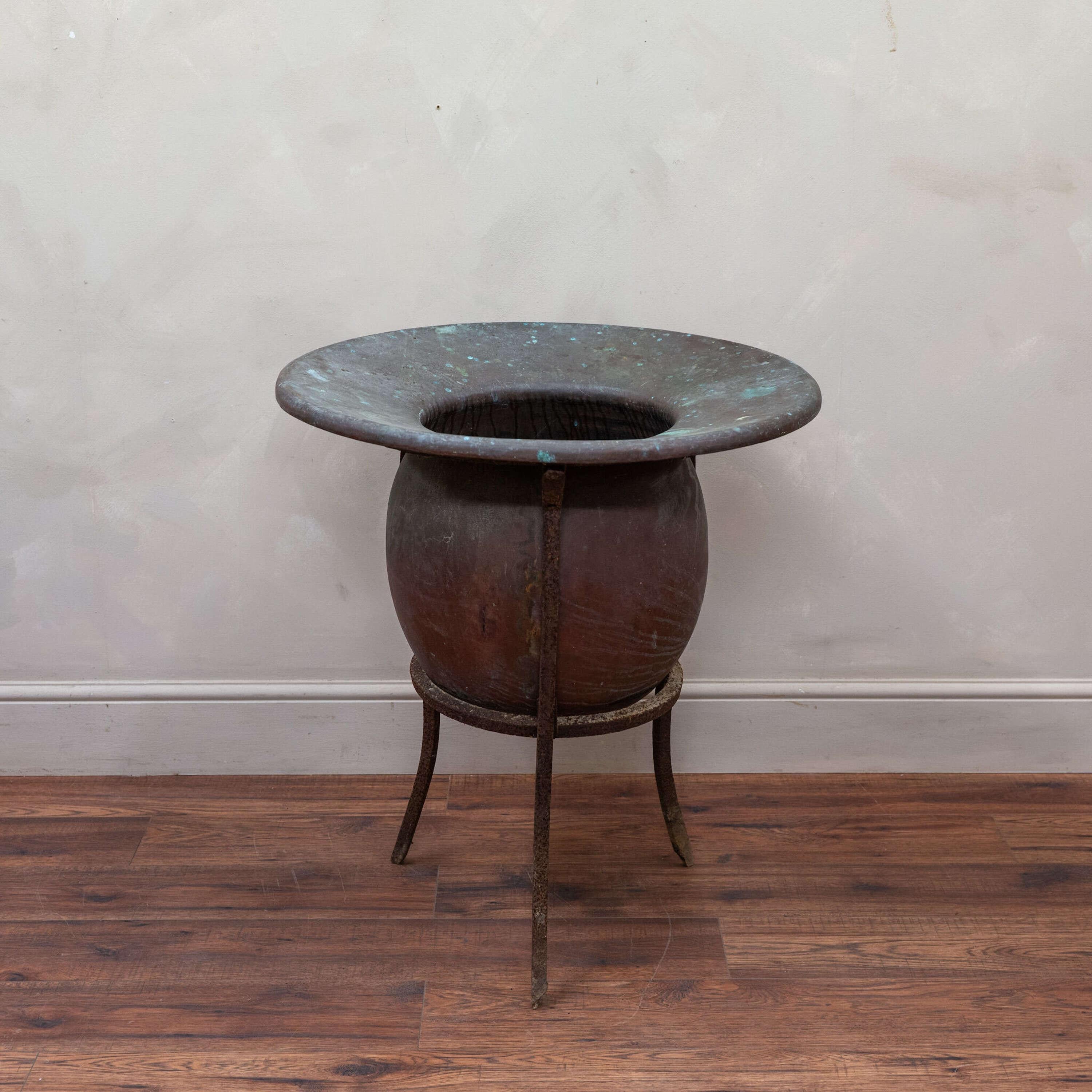A large scale French Copper, on a bespoke estate made iron stand.
This would make an amazing planter.

France, circa 1900.

Height - 81.5 cm
Diameter - 71.5 cm
Please message if any further info or photos are required 
SHIPPING
We can not do