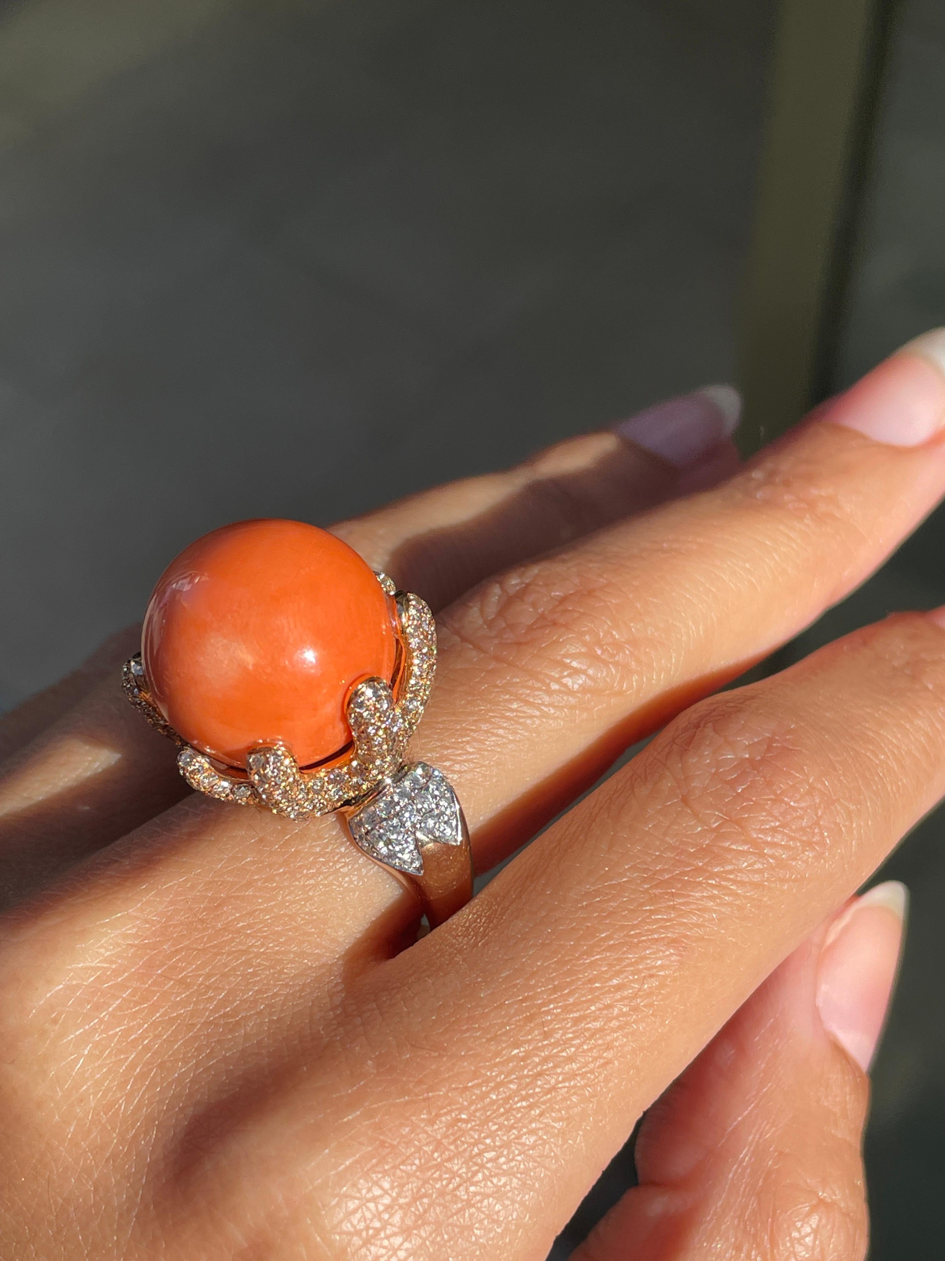 Bead Large Coral and Diamond 18 Carat Rose and White Gold Cocktail Ring For Sale