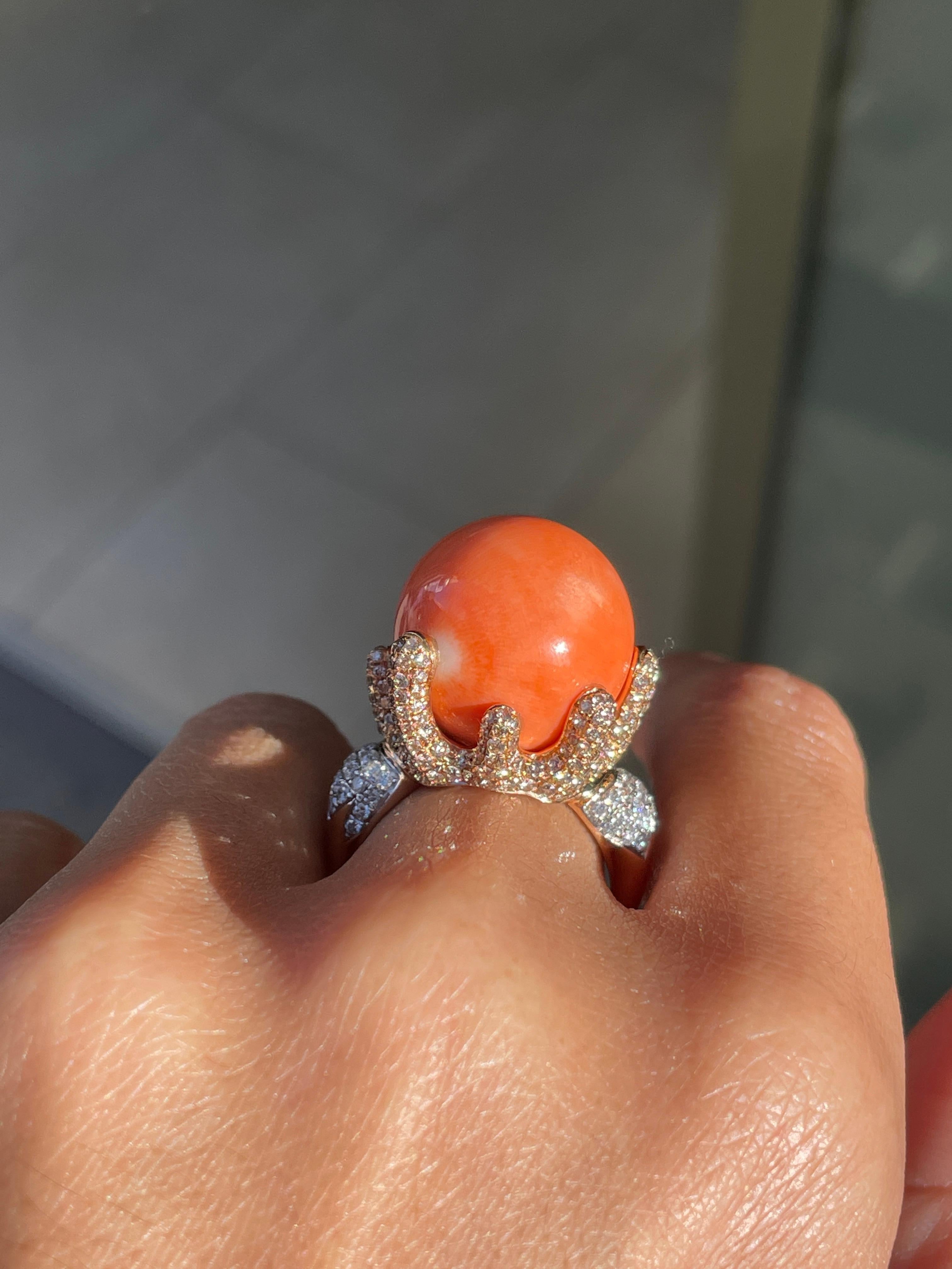 Women's Large Coral and Diamond 18 Carat Rose and White Gold Cocktail Ring For Sale