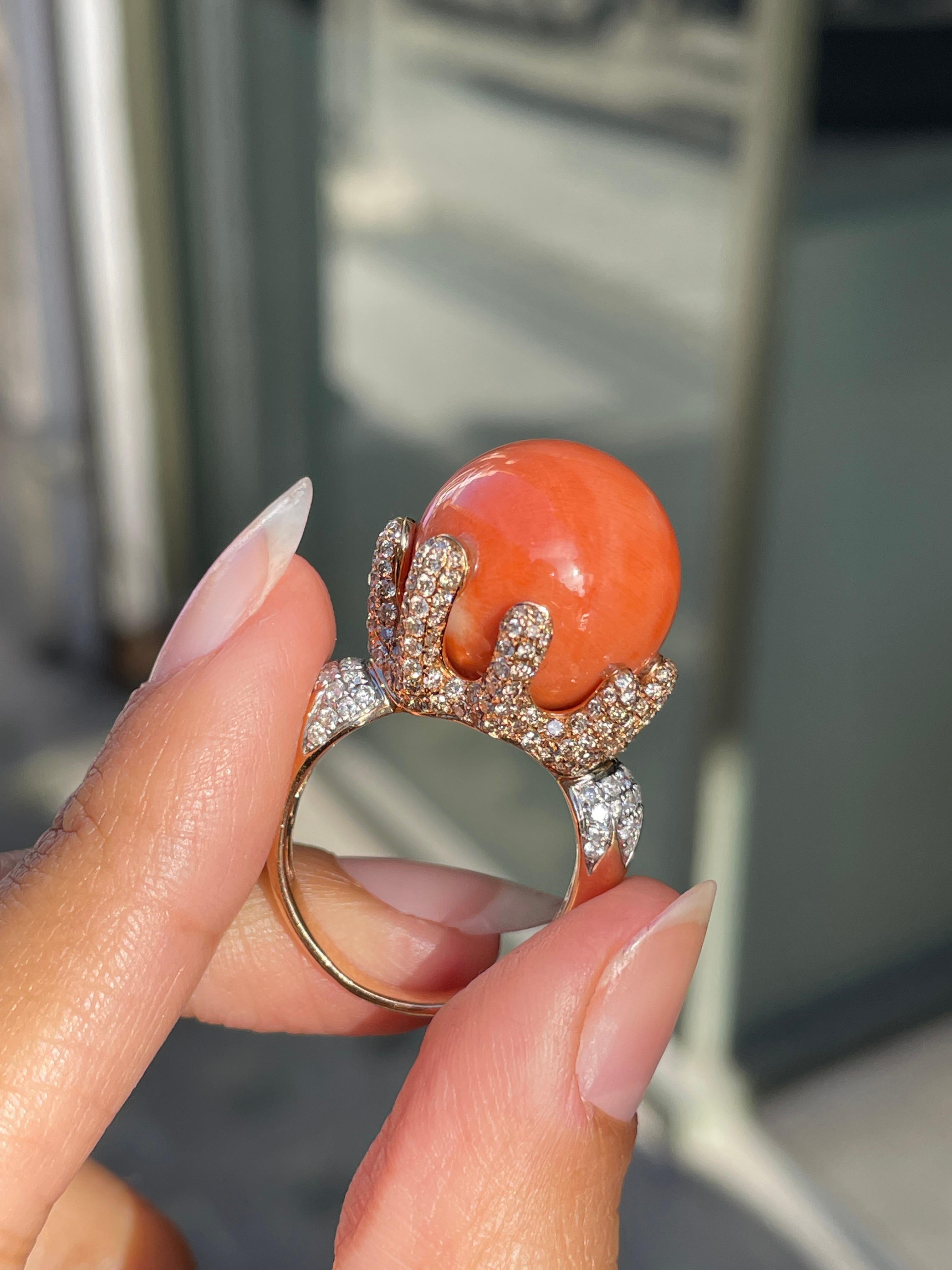 Large Coral and Diamond 18 Carat Rose and White Gold Cocktail Ring For Sale 1