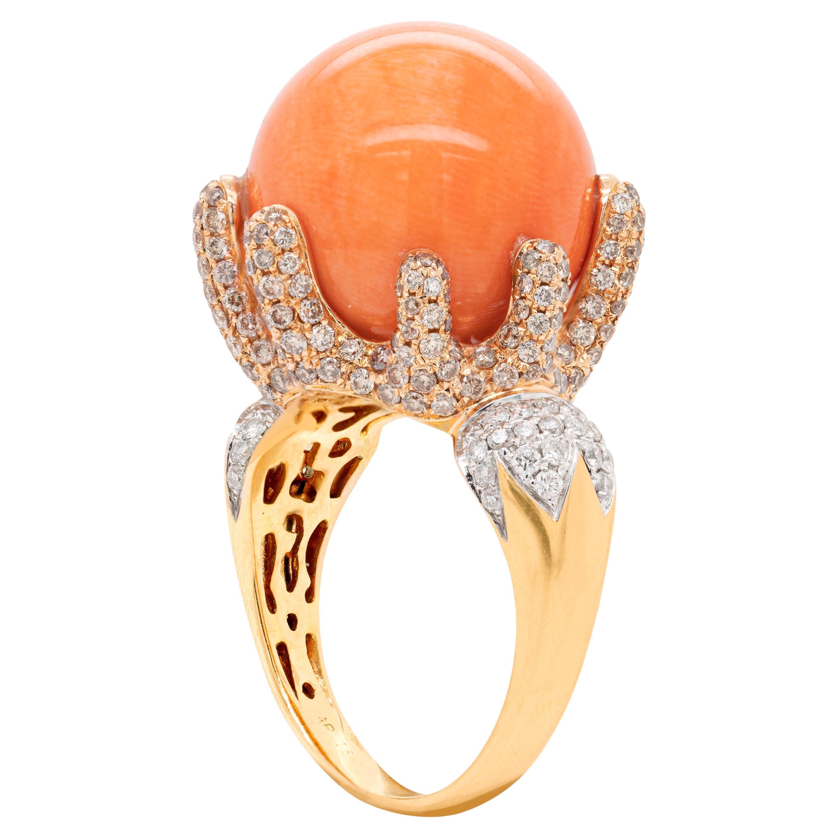 Large Coral and Diamond 18 Carat Rose and White Gold Cocktail Ring For Sale