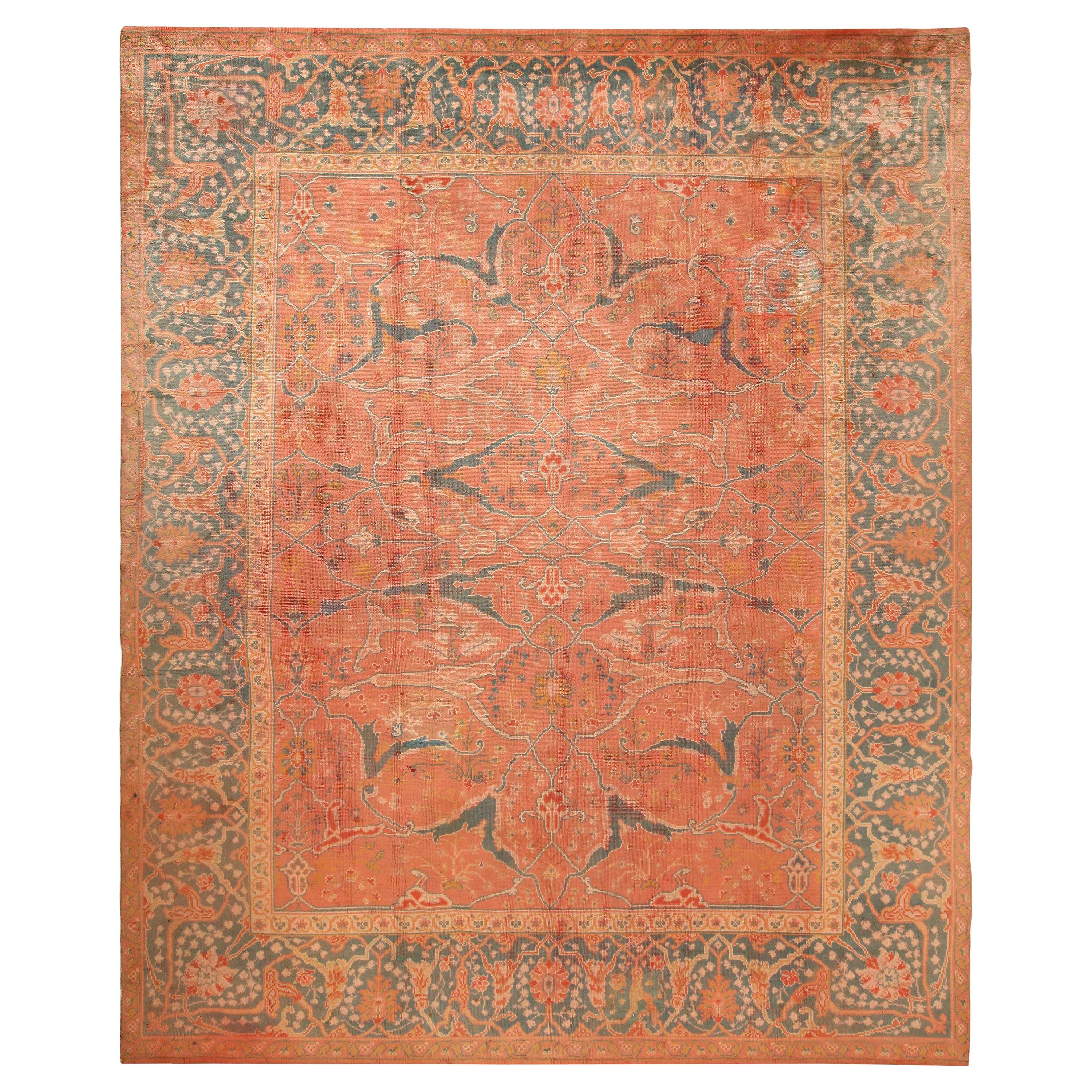 Beautiful Large Coral Color Antique Turkish Oushak Rug 12'9" x 16'" For Sale