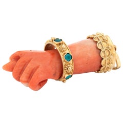 Vintage Large Coral Figa Pendant Charm 18 Karat Yellow Gold Turquoise Hand Jewelry