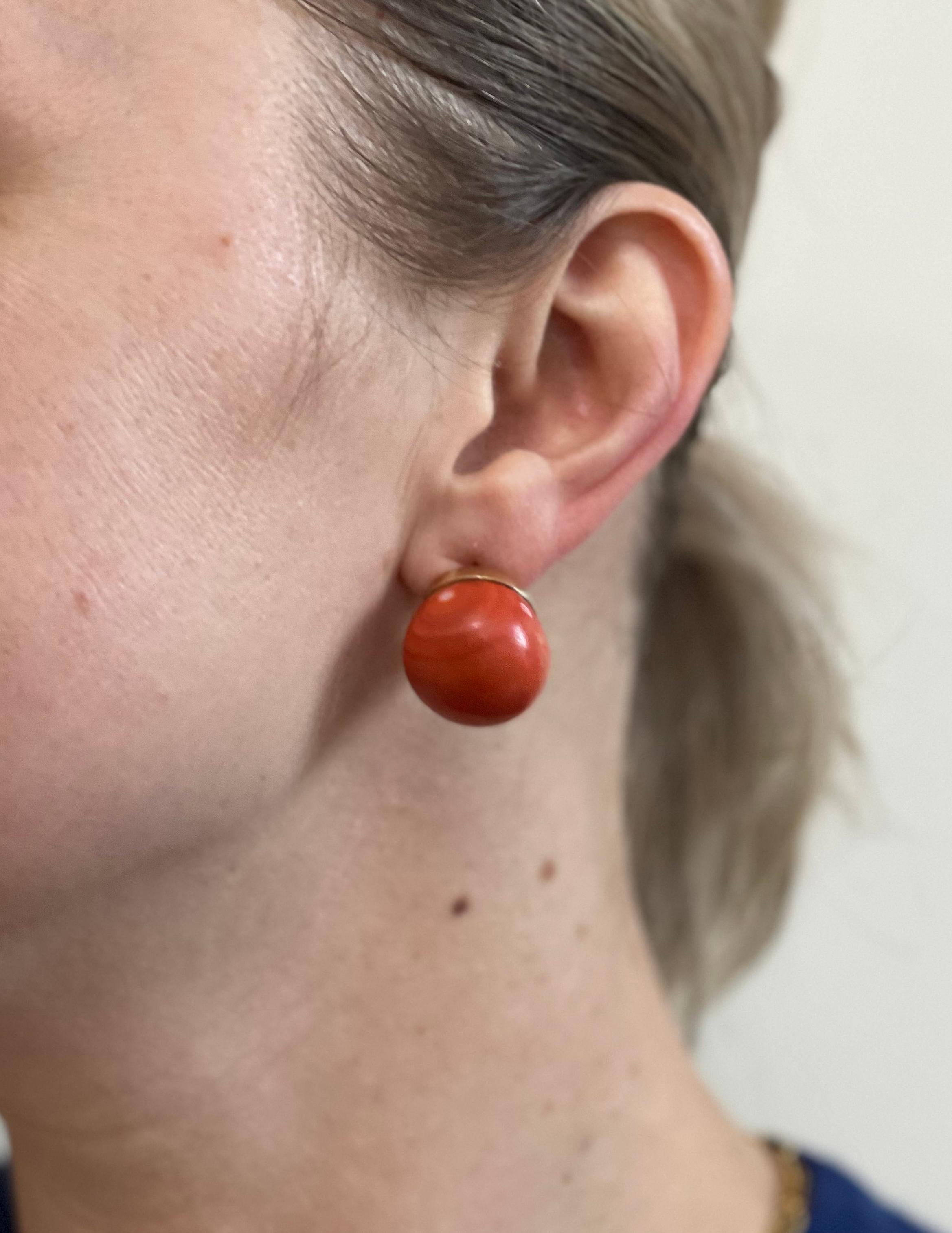 Round Cut Large Coral Gold Earrings For Sale