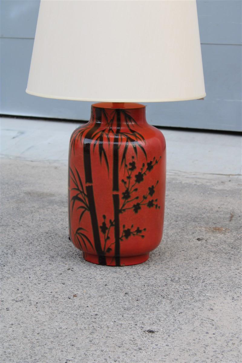 Mid-Century Modern Large Coral Red Table Lamp with Sugar Cane in Glazed Ceramic, Italy, 1970s For Sale