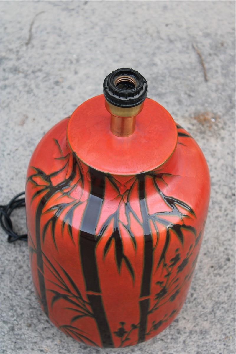 Fin du 20e siècle Grande lampe de table rouge corail avec canne à sucre en céramique émaillée Italie, années 1970 en vente