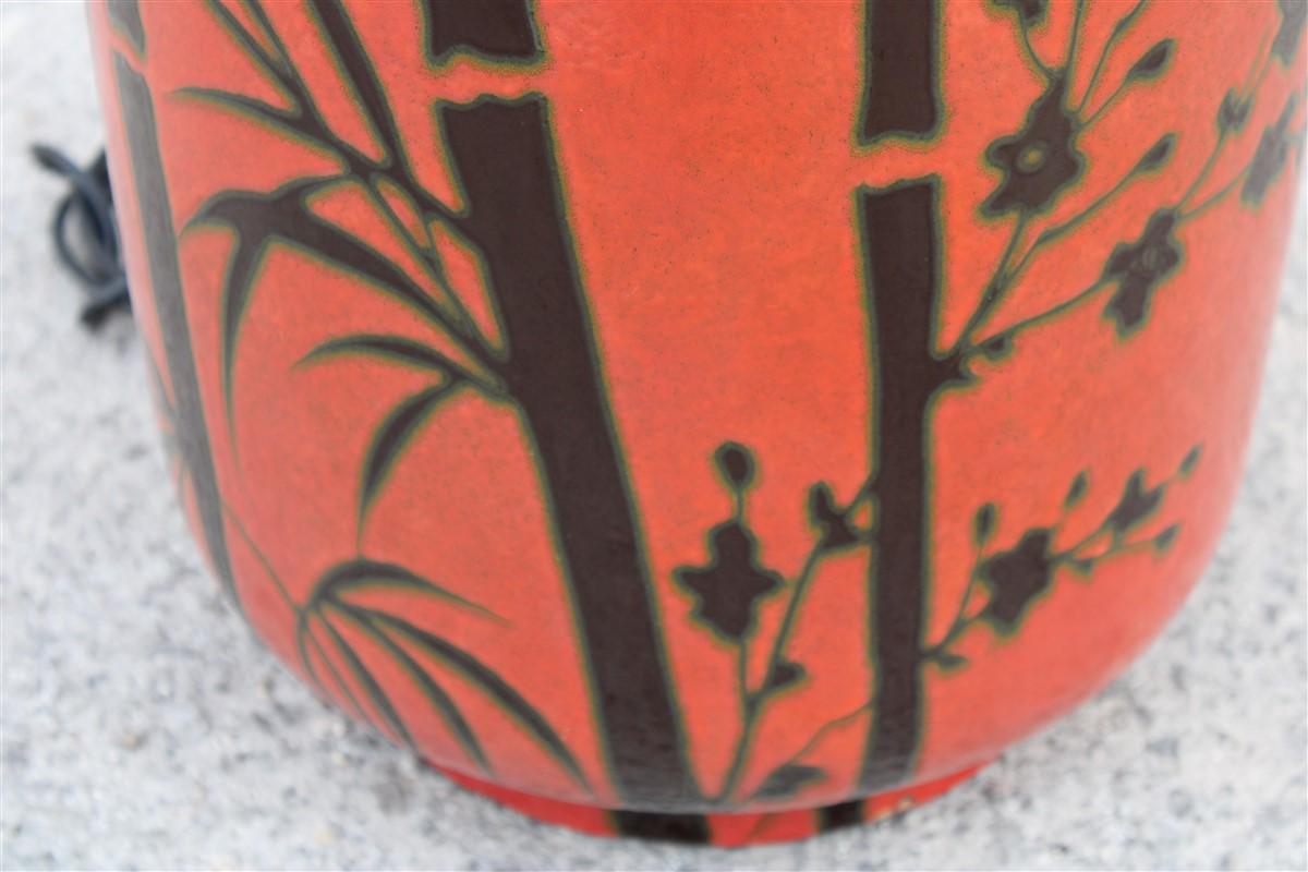 Grande lampe de table rouge corail avec canne à sucre en céramique émaillée Italie, années 1970 en vente 3
