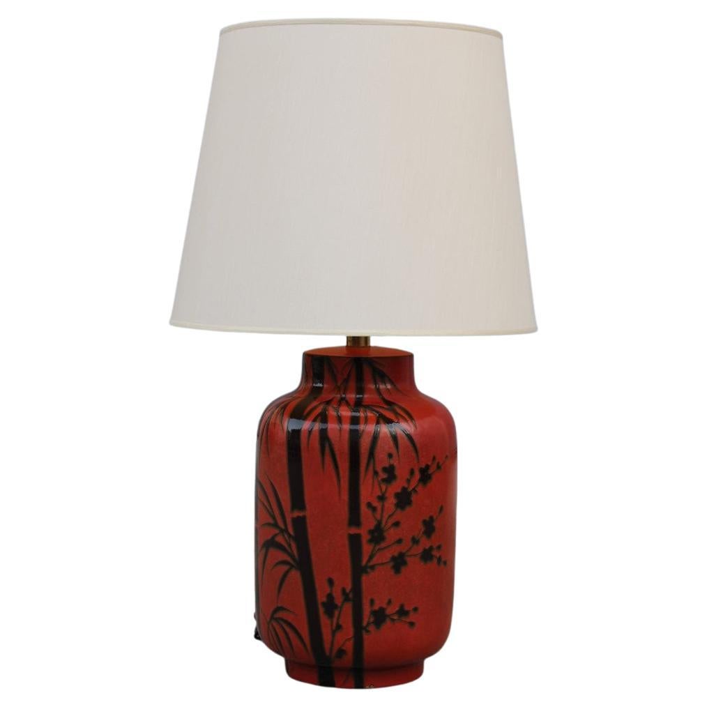 Large Coral Red Table Lamp with Sugar Cane in Glazed Ceramic, Italy, 1970s