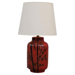 Vintage Large Coral Red Table Lamp with Sugar Cane in Glazed Ceramic, Italy, 1970s