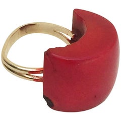 Large Coral Ring with 14 Karat Gold Band by Marina J.