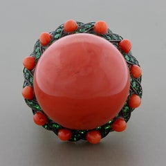 Large Coral Tsavorite Gold Cocktail Ring