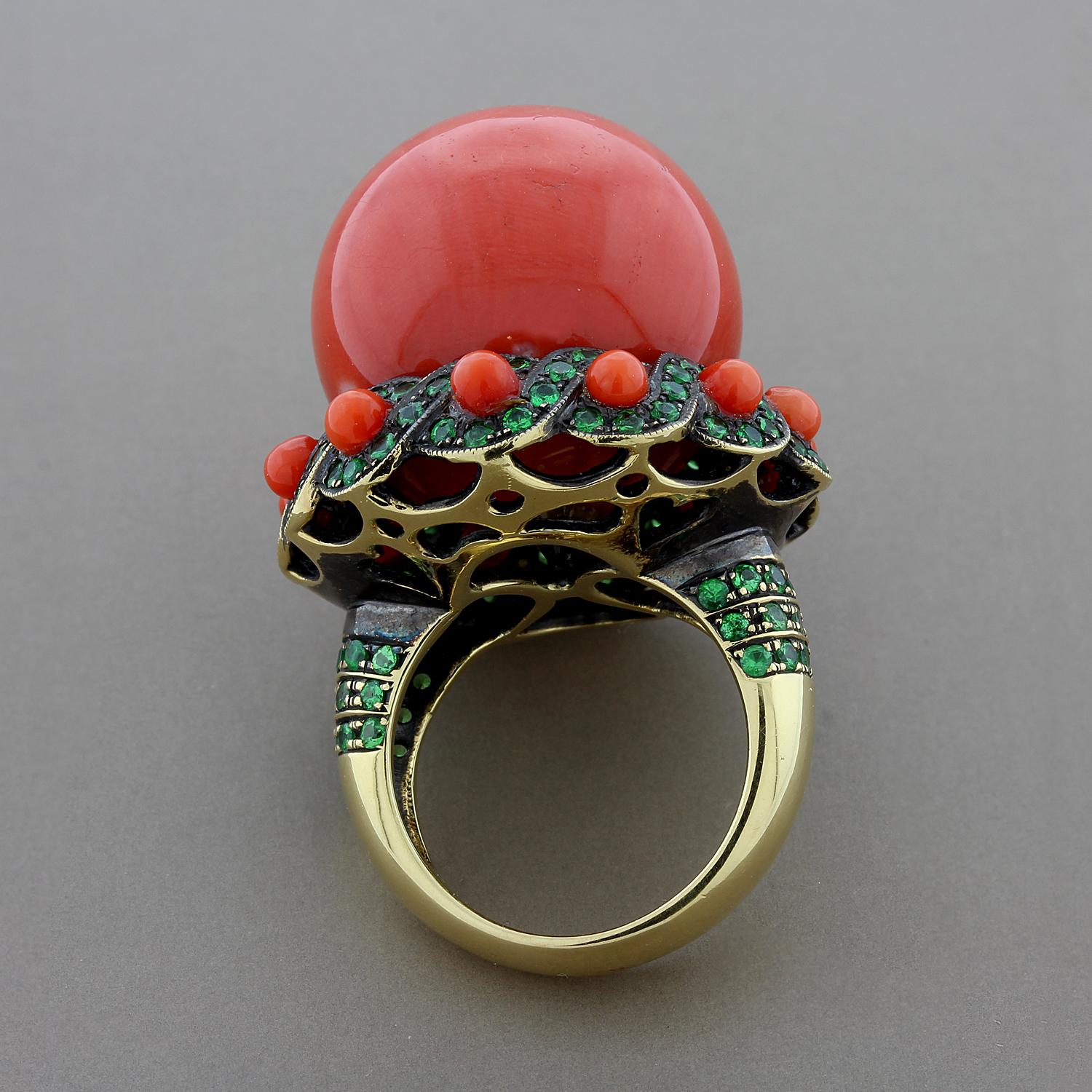 Women's Large Coral Tsavorite Gold Cocktail Ring For Sale