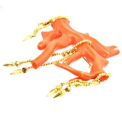 Large Corallium Rubrum Branch Brooch w/ Gold Rope Tassel Details, 19th Century