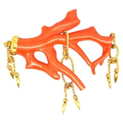 Large Corallium Rubrum Branch Brooch w/ Gold Rope Tassel Details, 19th Century