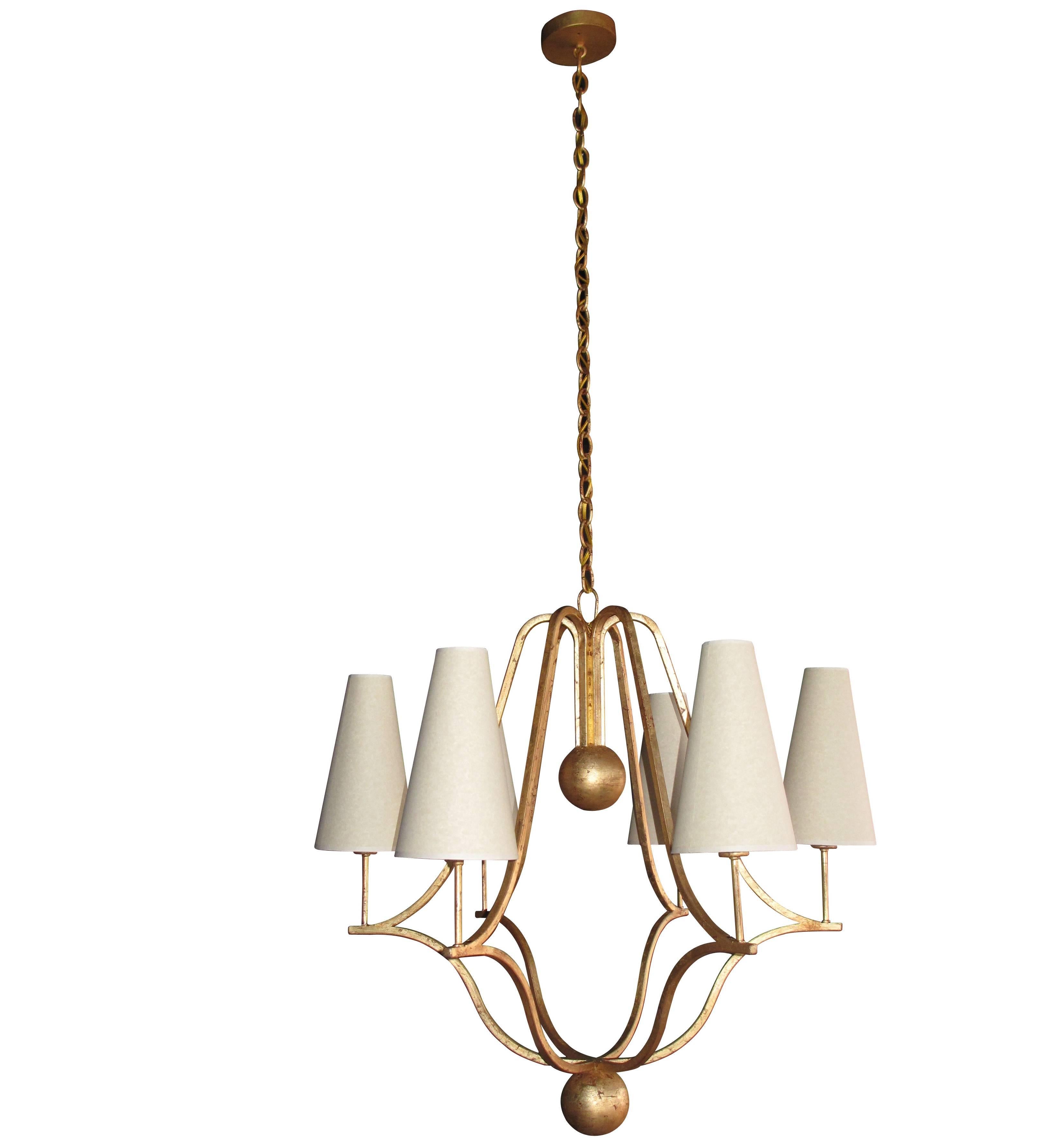 Large 'Corbeille' Gold Leaf Chandelier in the Style of Jean Royère (Moderne)