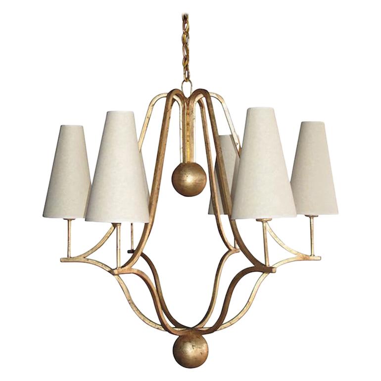 Large 'Corbeille' Gold Leaf Chandelier in the Style of Jean Royère