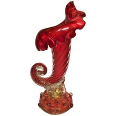 Large Cornucopia in Artistic Blown Murano Glass Red Gold Vase, circa 1950