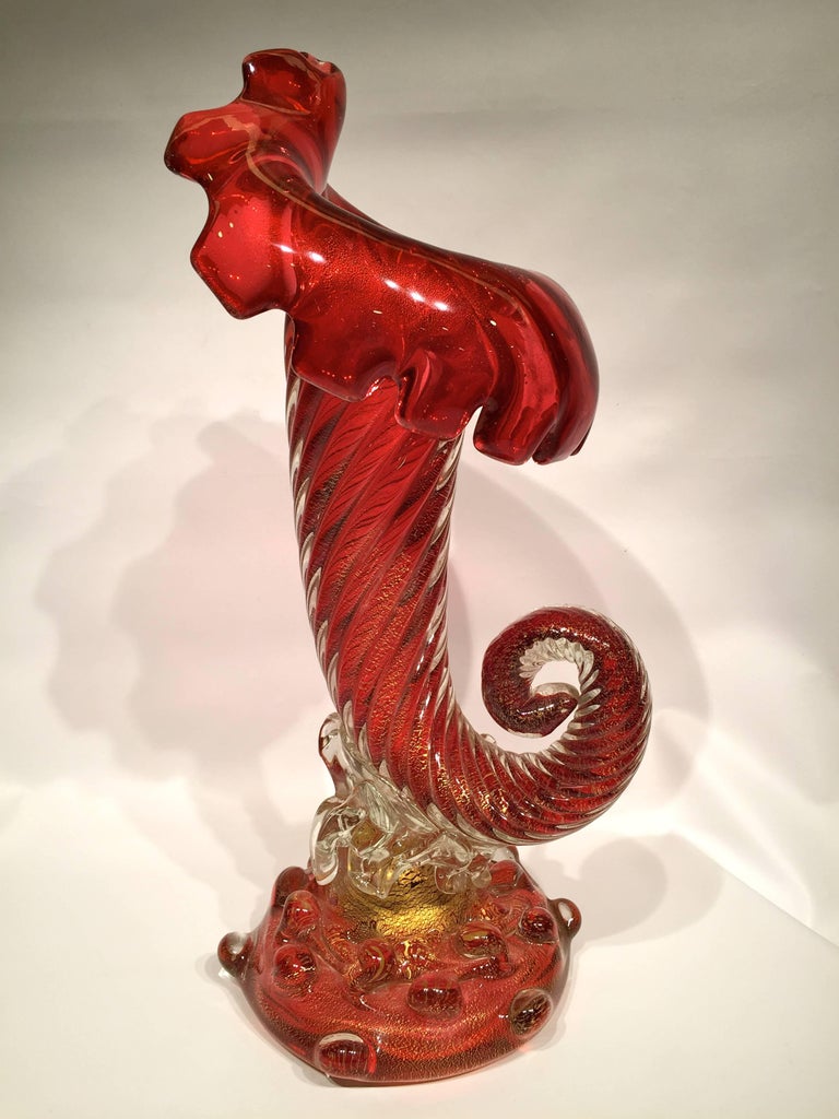 Large Cornucopia in Artistic Blown Murano Glass Red Gold Vase, circa