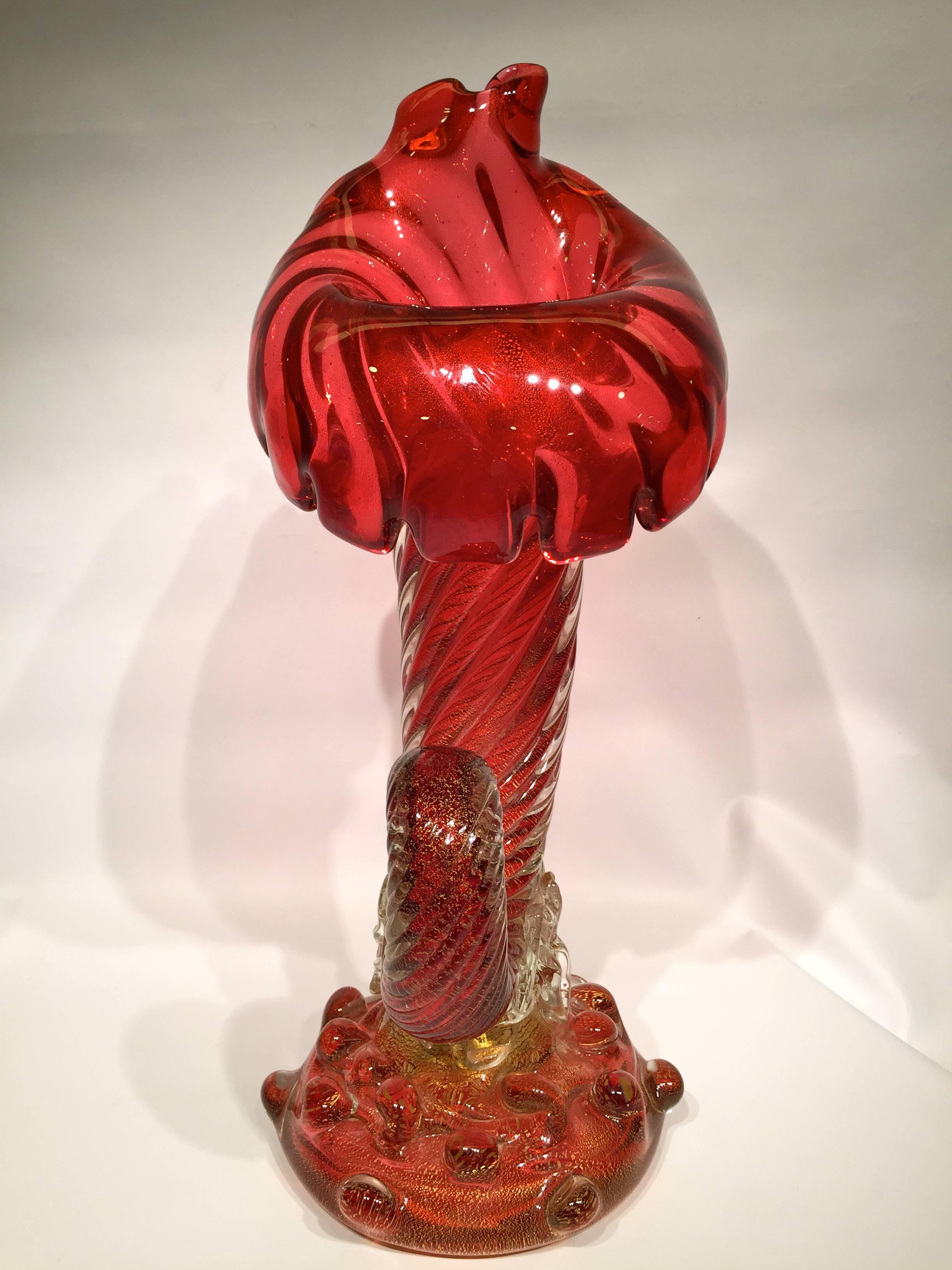 Italian Large Cornucopia in Artistic Blown Murano Glass Red Gold Vase, circa 1950 For Sale