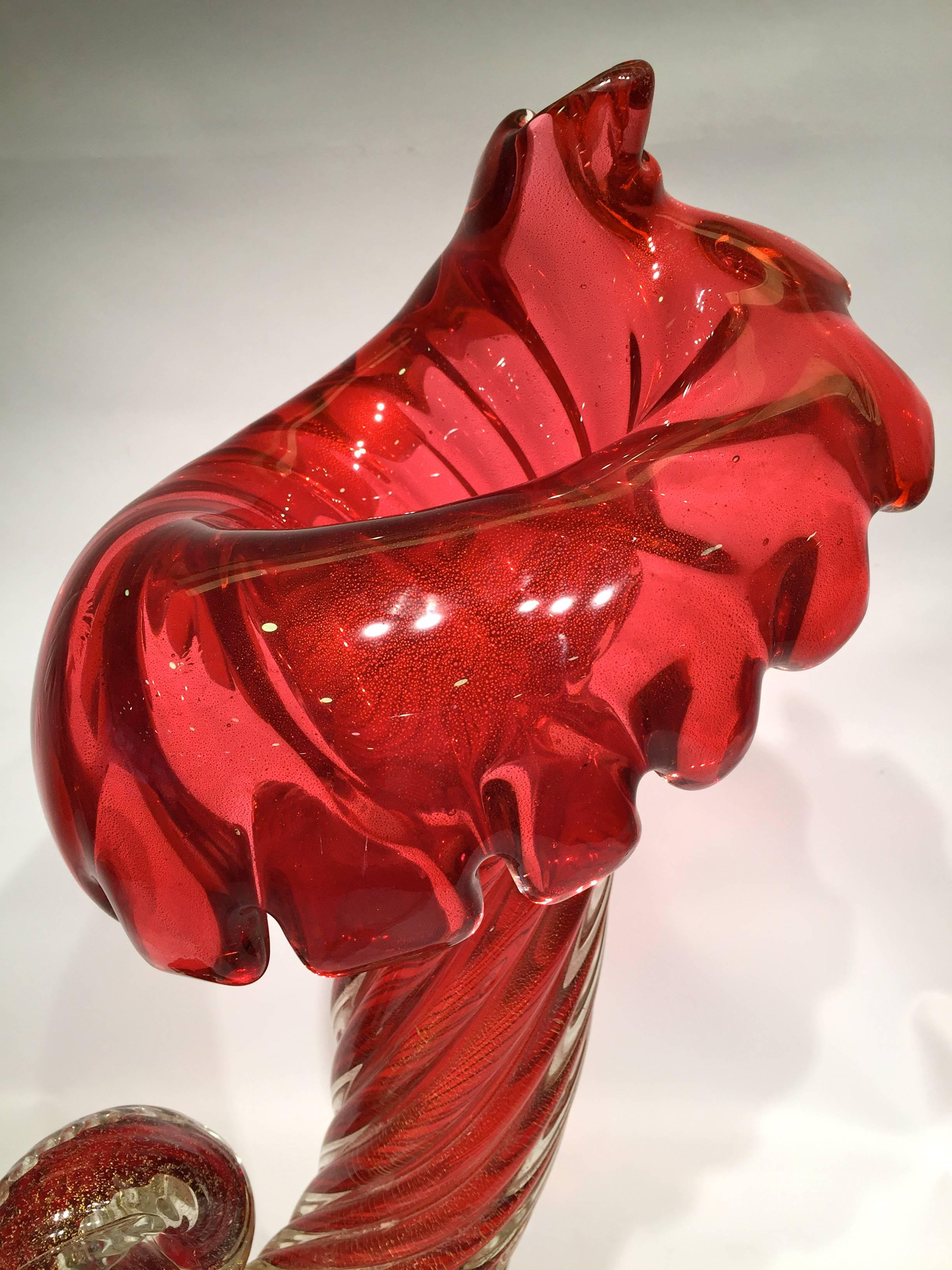 Mid-20th Century Large Cornucopia in Artistic Blown Murano Glass Red Gold Vase, circa 1950 For Sale