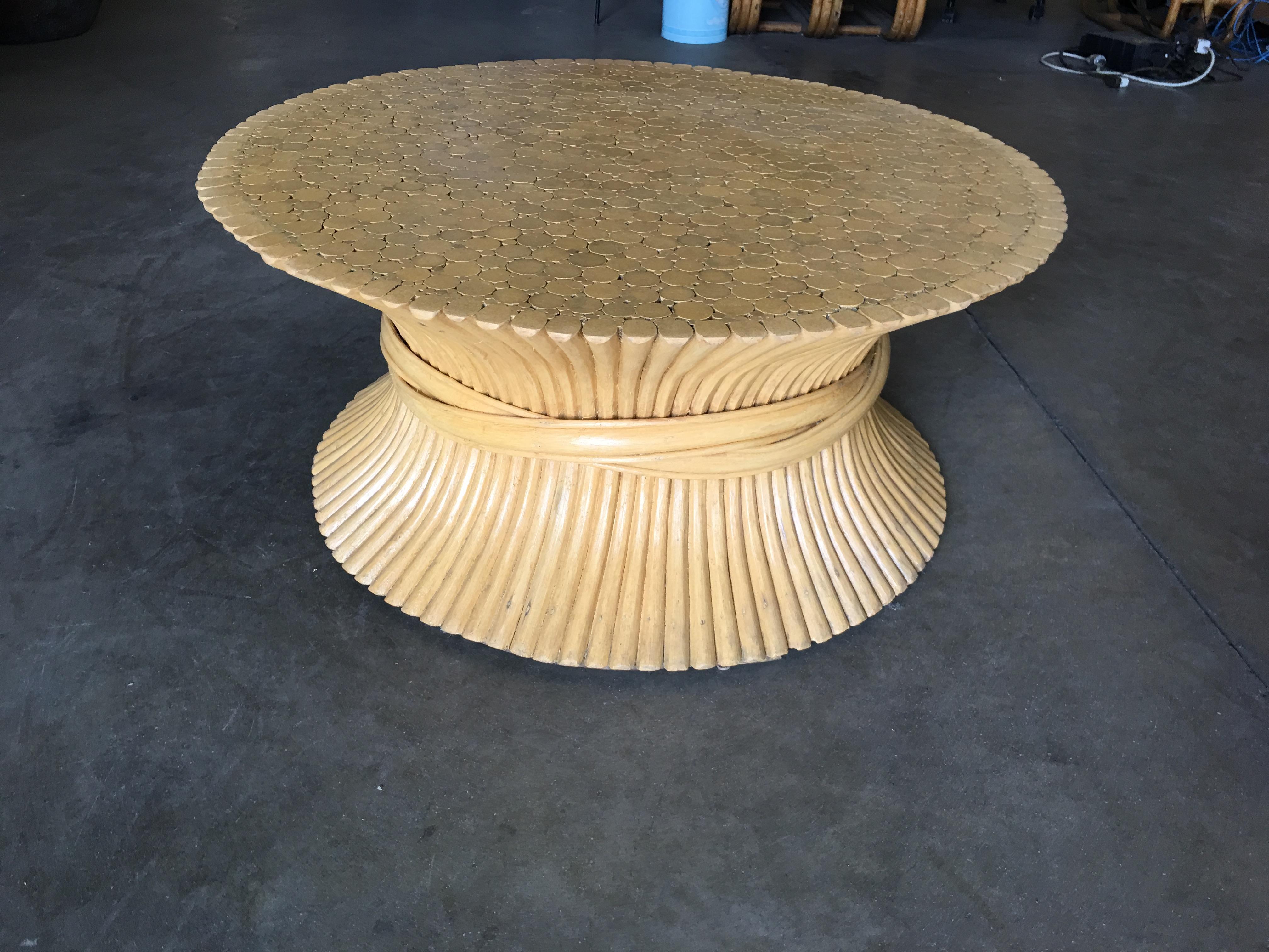Large Corseted Hour Glass Pole Rattan Coffee Table by McGuire In Distressed Condition In Van Nuys, CA